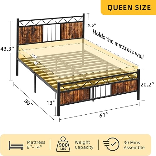 Miniatura 2 de DWVO Base de cama de metal rústico Queen con cabecero, soporte de listones resistente y resistente debajo de la cama, no necesita somier, sin ruido,