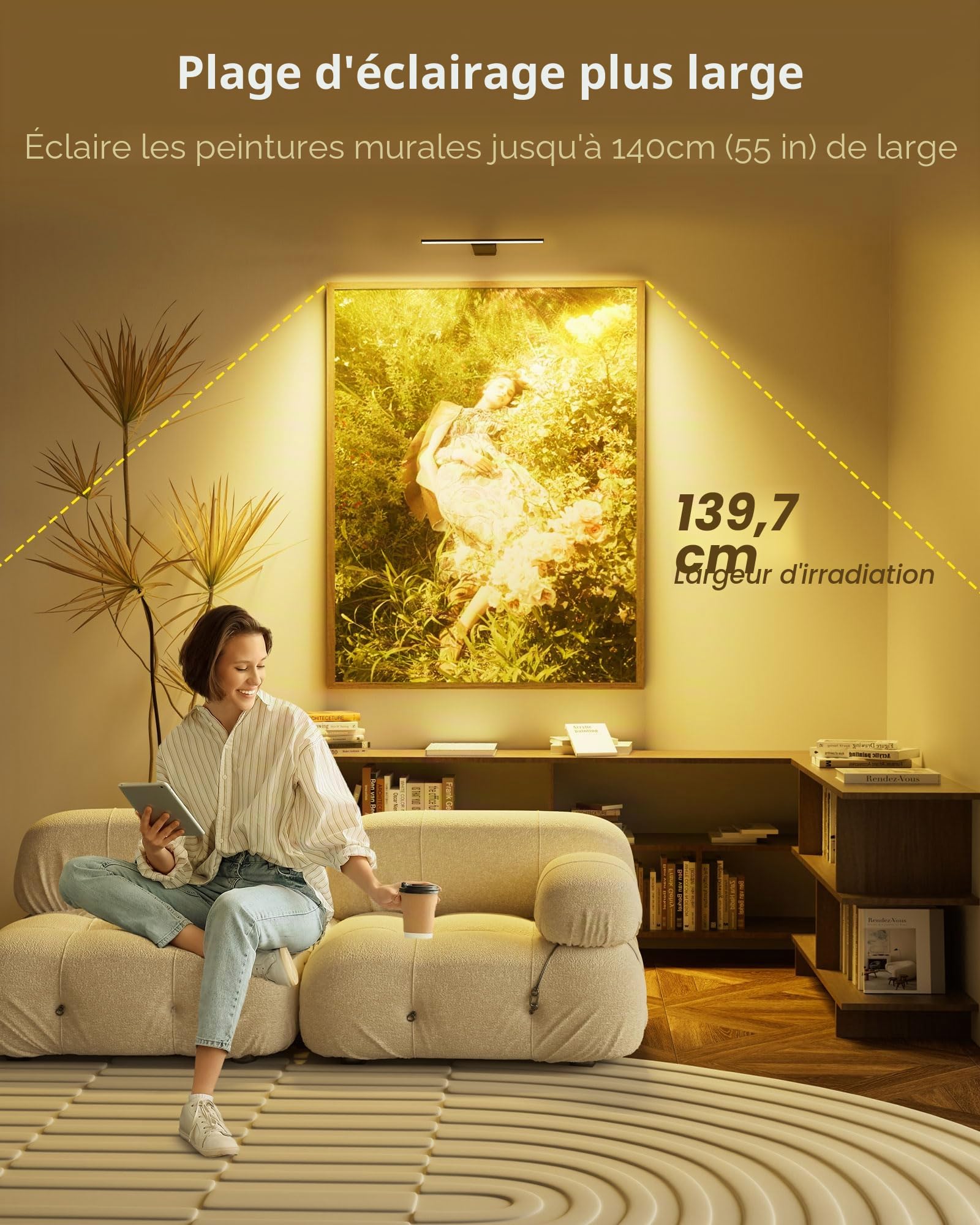 PopoIron Applique pour Tableau sans Fil Rechargeable, Lampe avec Télécommande, Batterie 12000mAh, 3 Couleurs & 5 Luminosités, Éclairage d'Art Orientable pour Cadre, Salon, Chambre, Noir, 1 Pièce