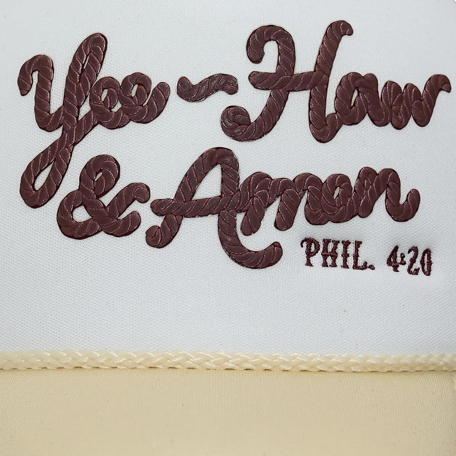 Kerusso - Yee-Haw and Amen Phil. 4:20 - Polyester - Women's Mid-Rise Trucker Hat - One Size Fits Most, Tan and White