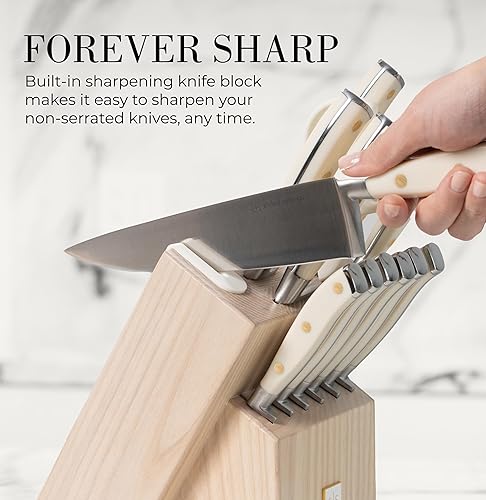 Miniatura 2 de Styled Settings Juego de cuchillos blancos con bloque y afilador, 14 cuchillos de acero inoxidable de alto carbono ultra afilados con asas blancas