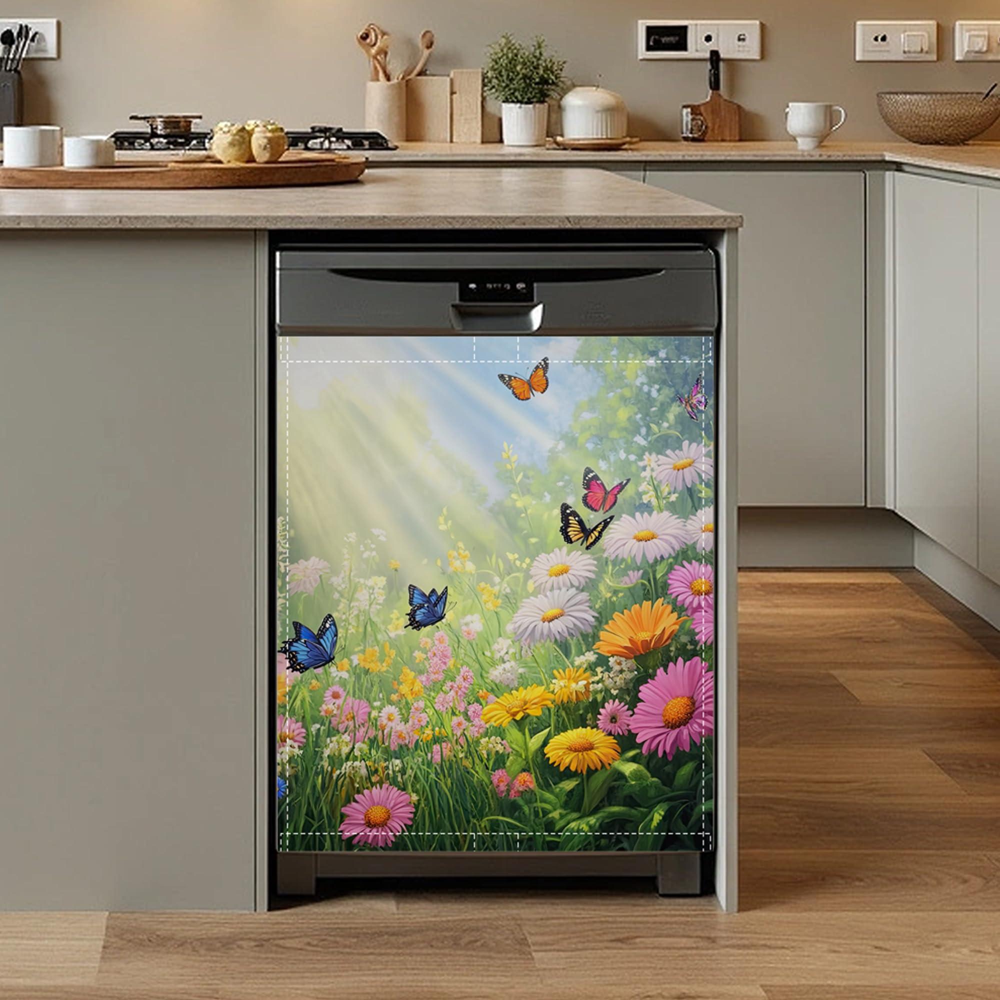 Flower Butterfly Dishwasher Magnet Cover,Front Dishwasher Cover Decoration Reusable Decorative Magnetic Cover for Home Kitcen Appliance 23x26 Inch