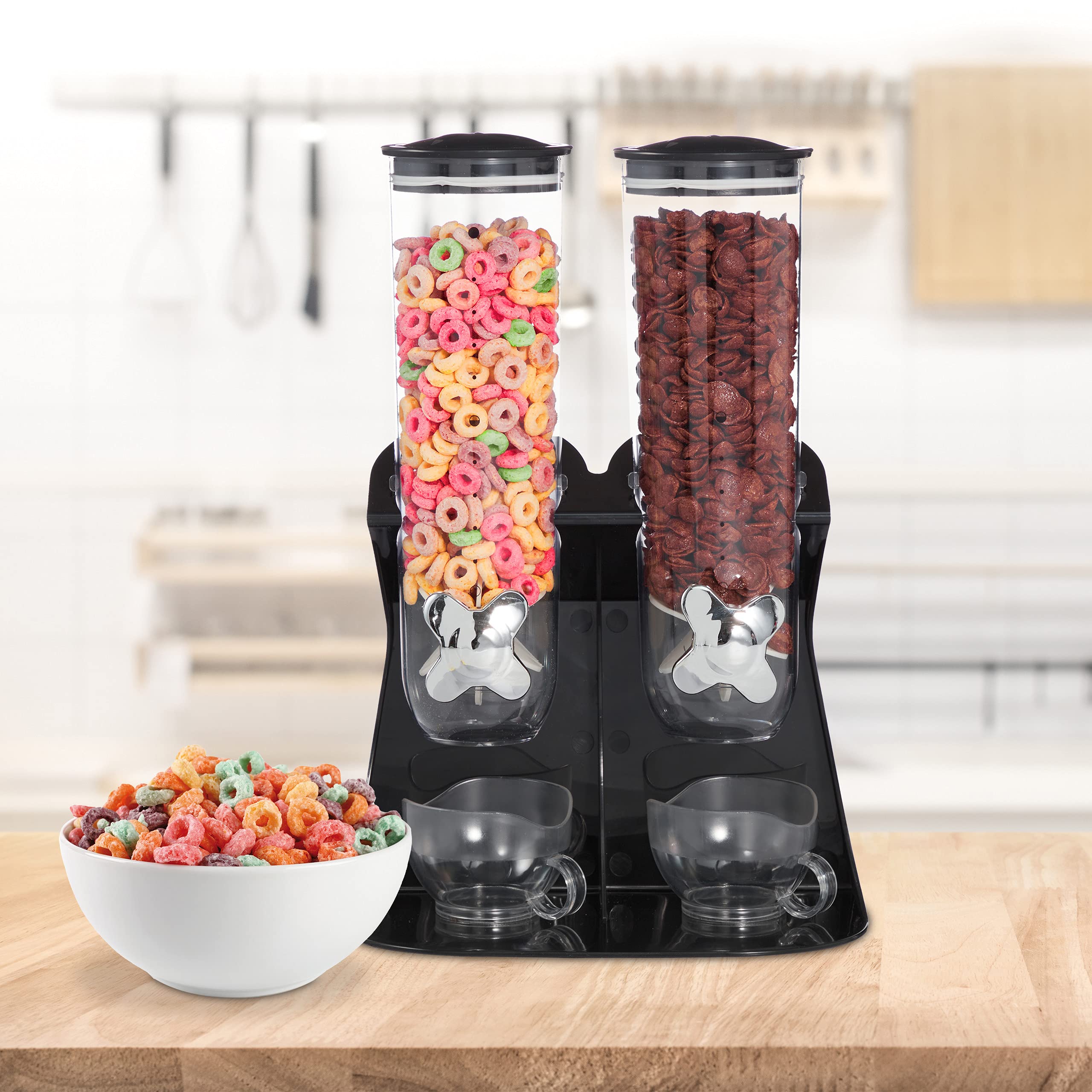 Relaxdays Dispenser Cereali Doppio, Distributore per Corn Flakes, Cioccolatini, Nocciole e Dolcetti, in Plastica, Nero
