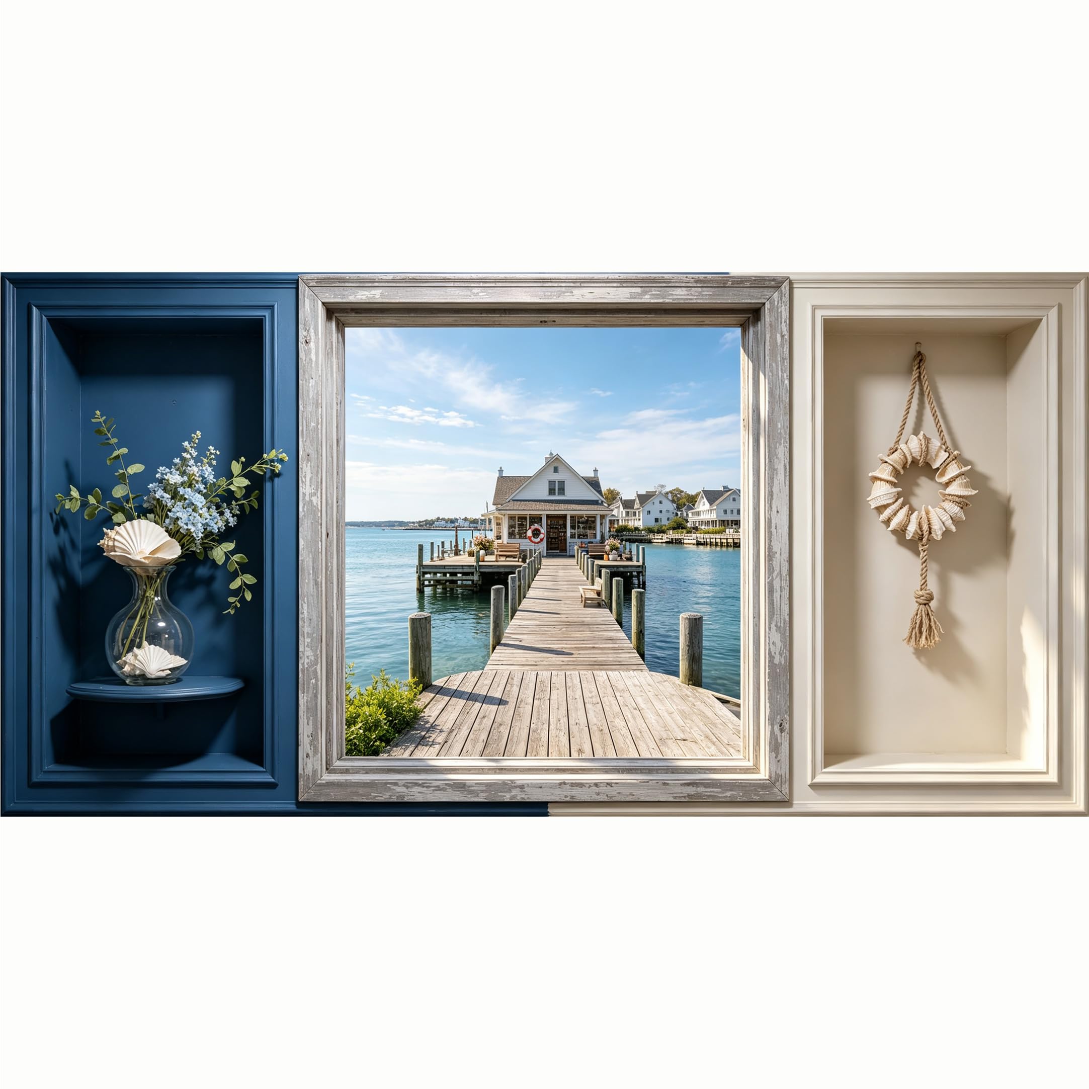 QZLITHOTIC 50x100cm 3D Framed Wall Art， Coastal Lake Pier House Scenery Self‑Adhesive Mural， Water‑Activated Peel & Stick Fabric Decor Wall Decal for Bedroom Living Room