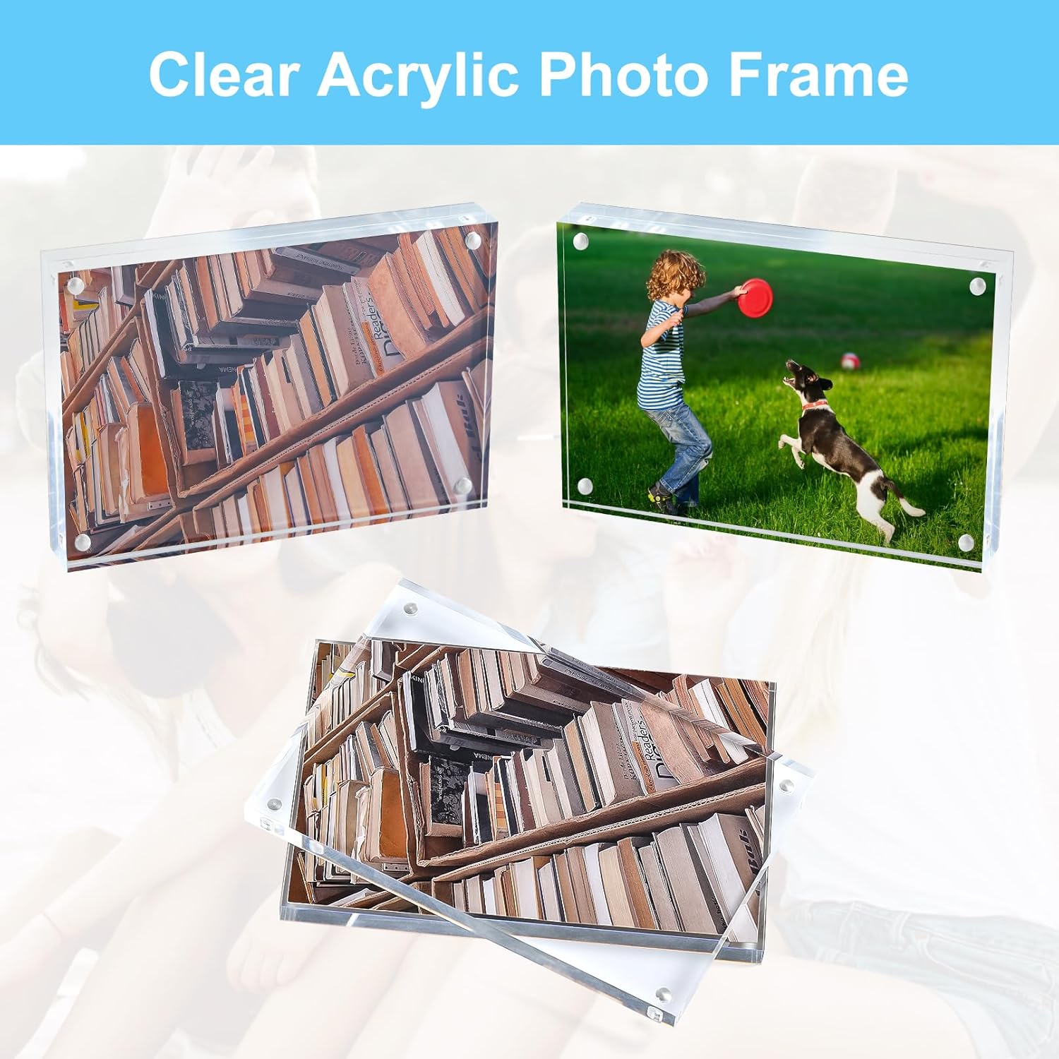 Jeffbaubl 12 Pcs Acrylic Picture Frames,Double Sided Magnetic Photo Frame,10+10MM Thick Clear Frameless Desktop Display for Bedroom Living Room Home Office Wedding,4 x 6 Acrylic Frame - Image 4