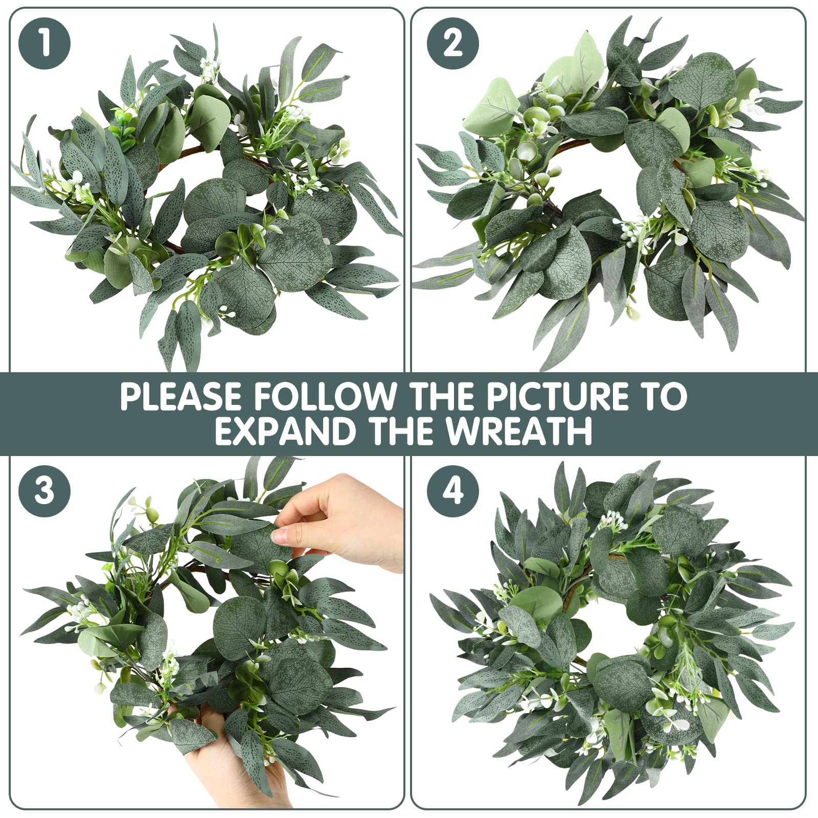 Thinkday Lot de 4 anneaux de Noël en feuilles d'eucalyptus artificielles - Petite couronne bohème pour Noël, mariage, maison, porte, décoration de table