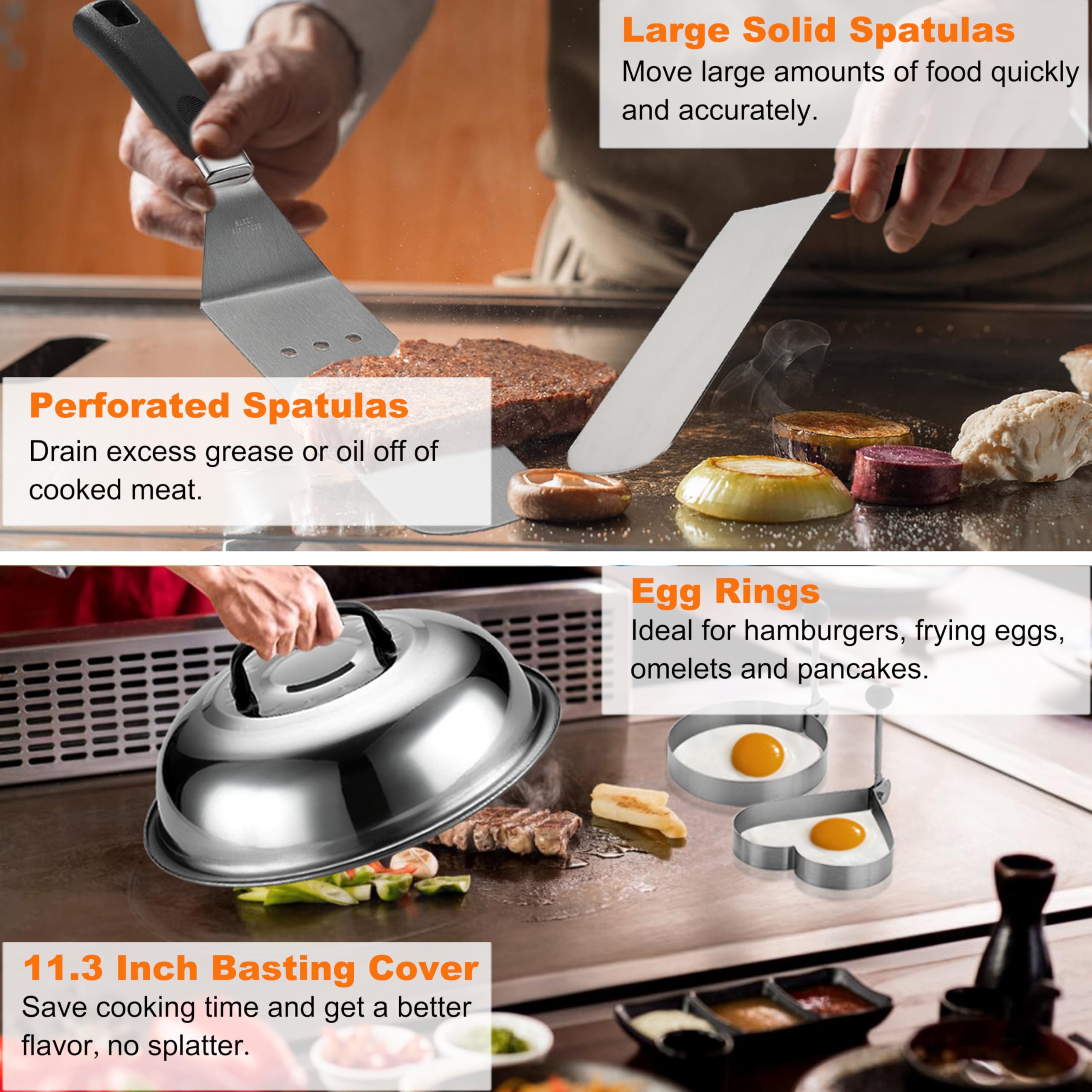 Grilljoy Set Barbecue Professionale in Acciaio Inox, Utensili per Griglia, Spatola per Piastre, Kit Smash Burger con Pressa per Hamburger in Ghisa, 28 Pezzi Accessori BBQ per Uomo