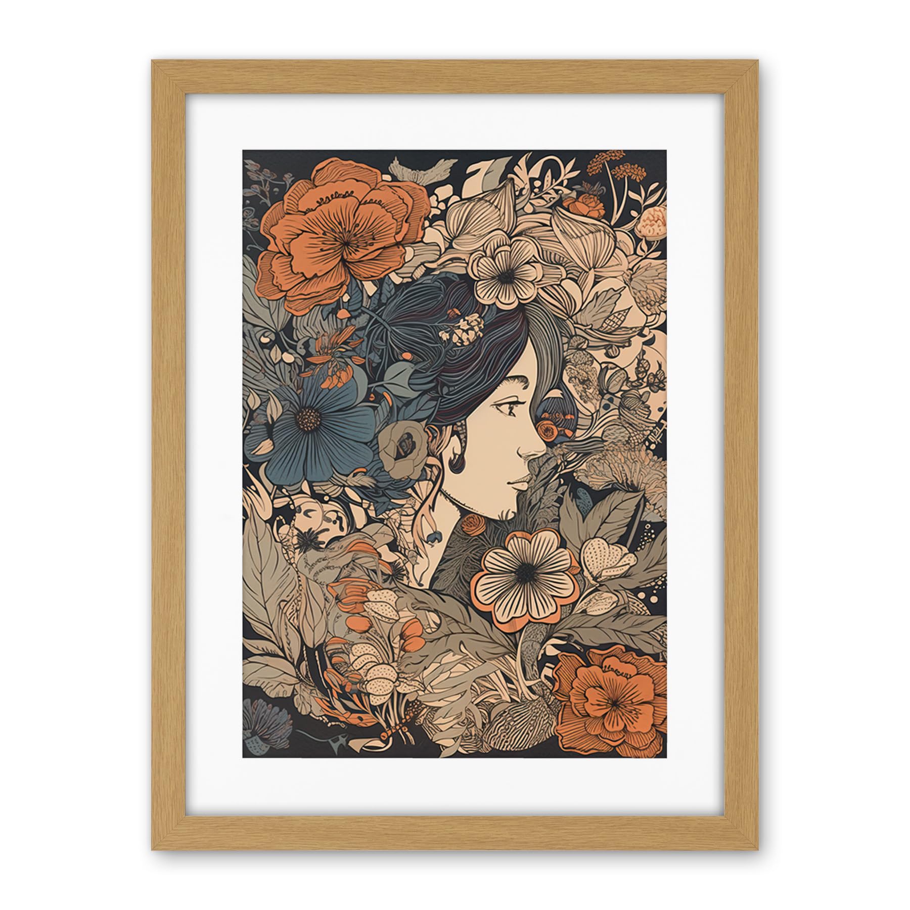 Artery8 Woman Floral Profile Portrait Boho Art Nouveau Artwork Framed Wall Art Print 18X24 Inch