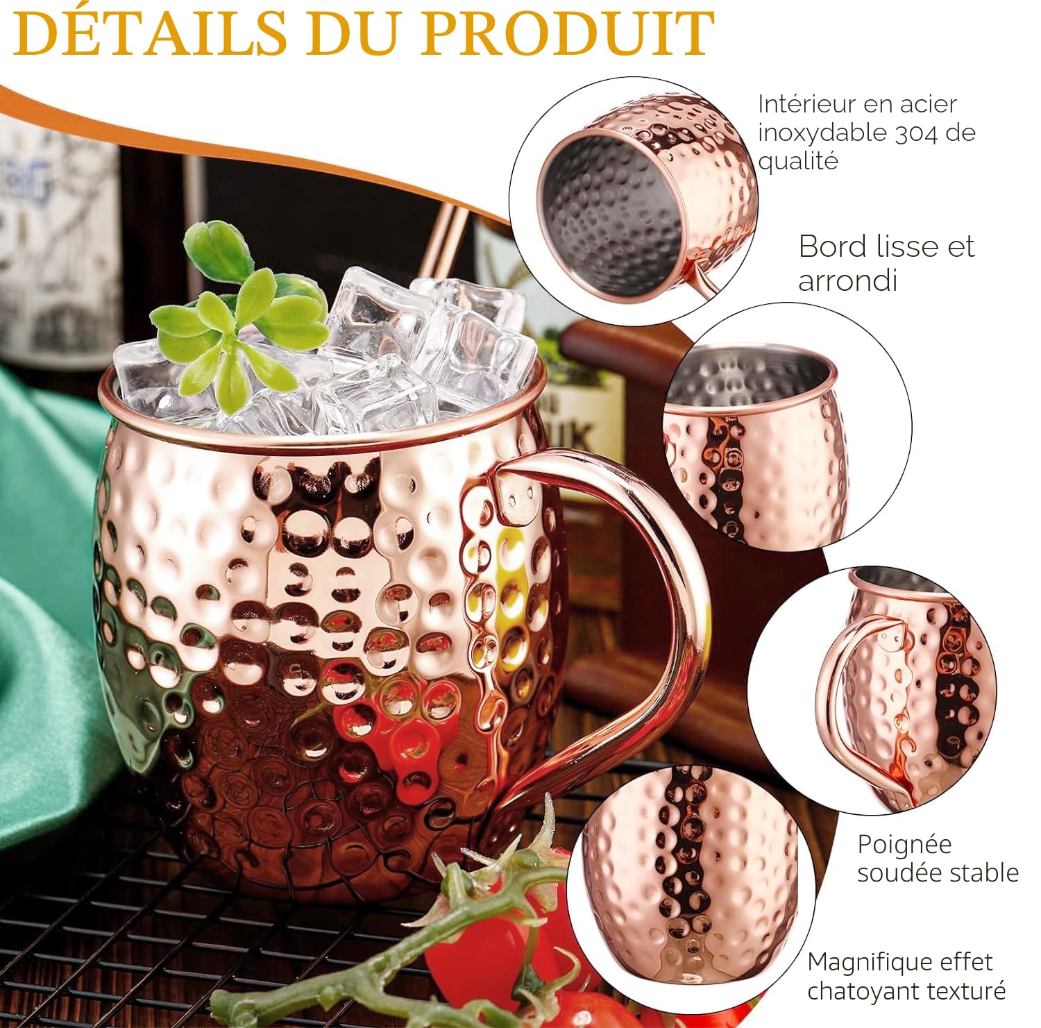 Verres Moscow Mule Cuivre Mugs 550ml Tasses pour Cocktail, Rhum, Boissons Froides, Maison, Bar, Fête, La Saint Valentin Anniversaire Journée des mères Journée des pères Cadeaux Ensemble