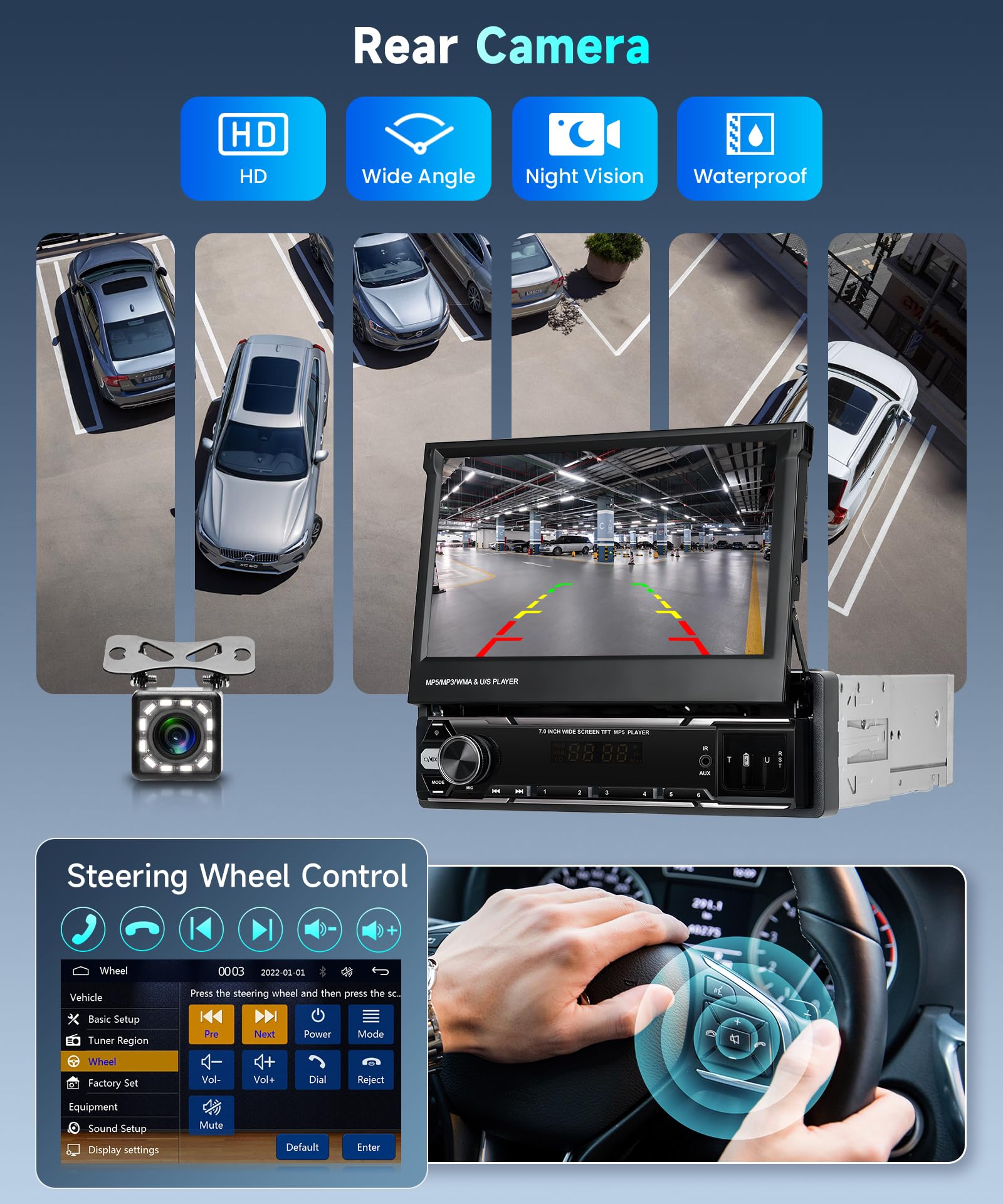 Rimoody Autoradio 1 Din Wireless Carplay Android Auto con 7 Pollici HD Schermo Touchscreen Ribaltabile Autoradio con Bluetooth GPS Navi Mirror Link FM/AM/RDS Radio TF/USB/AUX Telecamera Posteriore