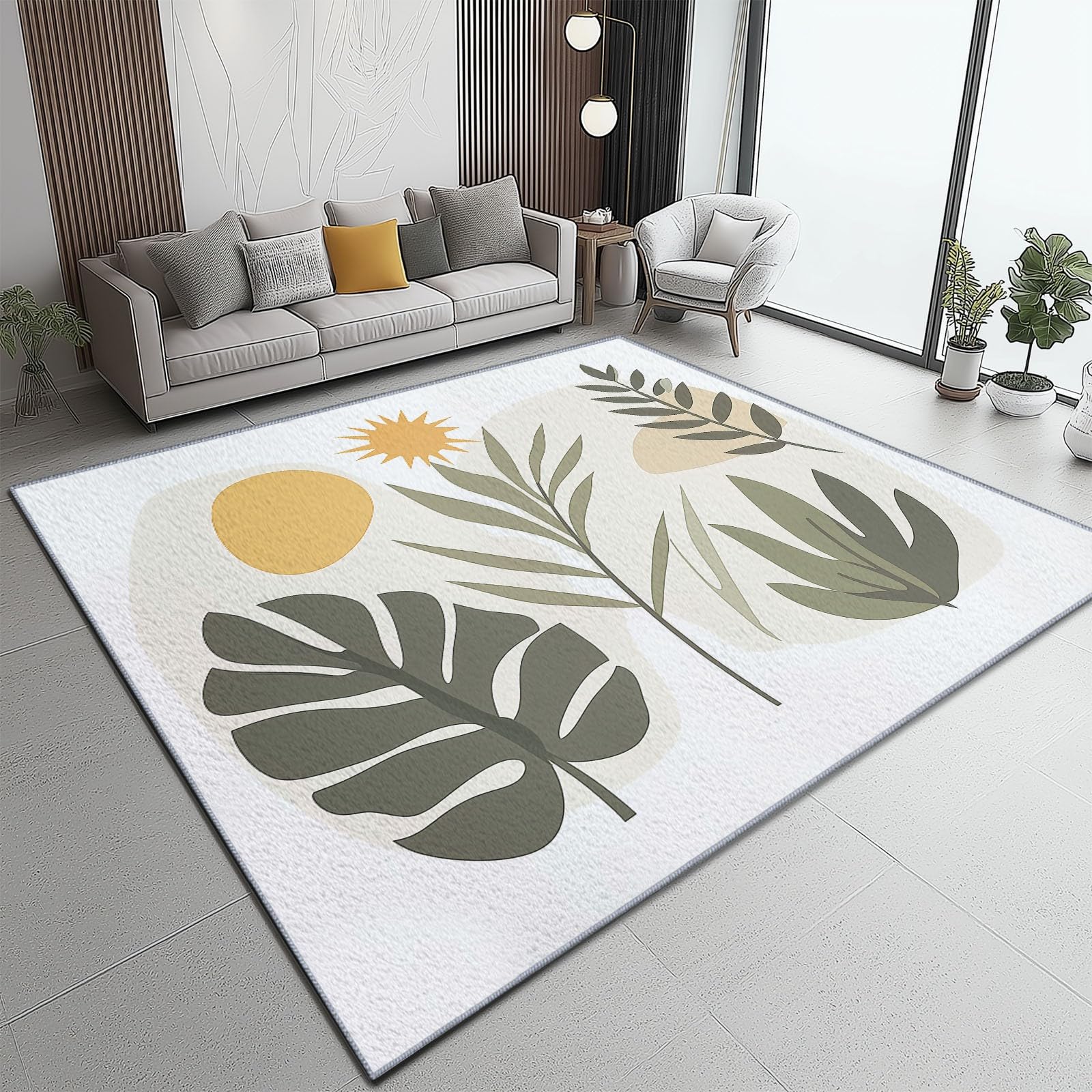 Tapis Descente de Lit Chambre Bohème Feuilles Tropicales Illustration, 60 x 110 cm Lavable Cachemire Ultrafin Tapis à Poils Courts avec Support Antidérapant, Décoratif Intérieur Blanc