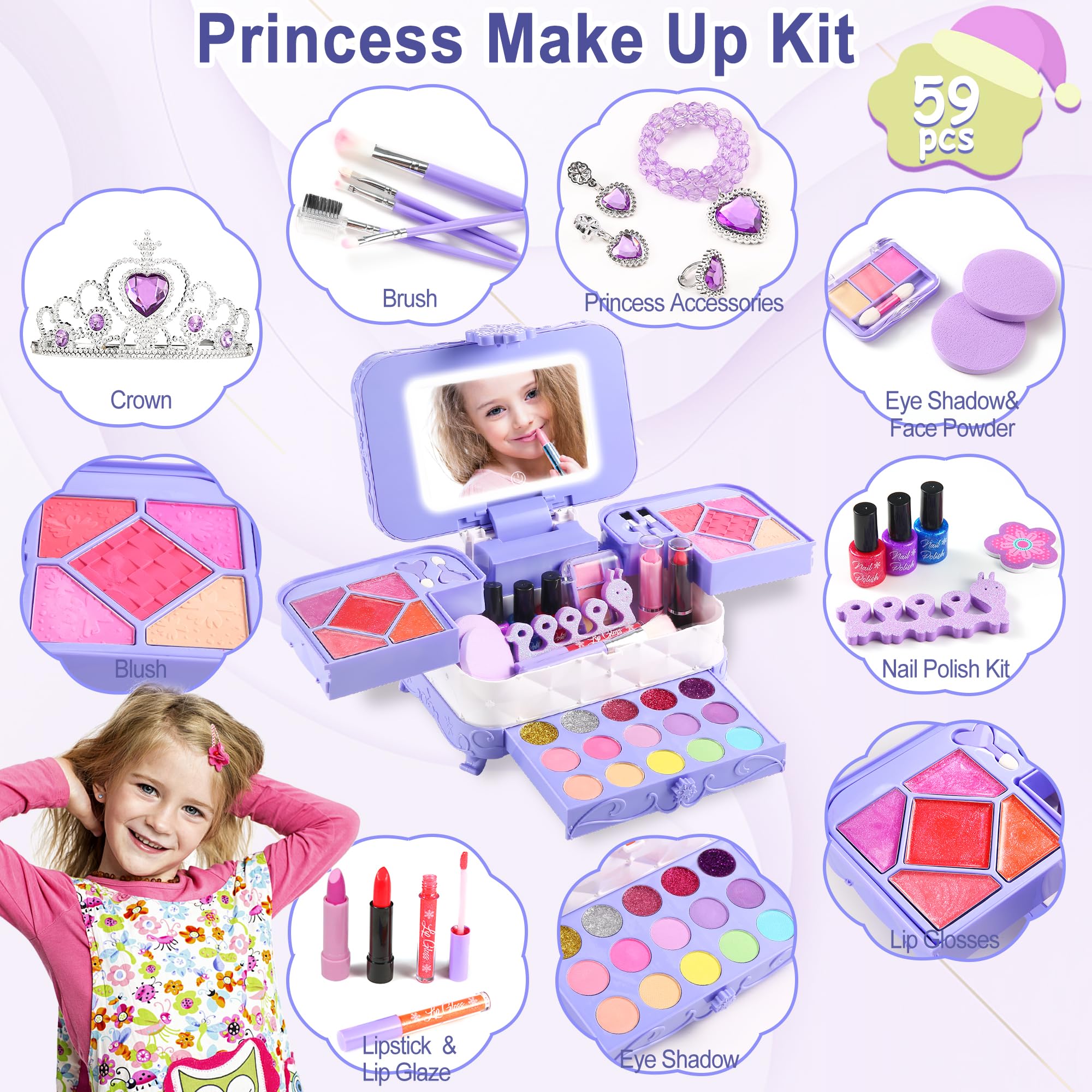 AstarX Trucchi Bambina Set con Specchio Cosmetico LED a 3 Colori, 59 Pezzi Lavabile Valigetta Trucchi Bambina Anallergici, Giochi Bambina per Natale Compleanno Festa 3 4 5 6 7 8 9 10 Anni (Viola)
