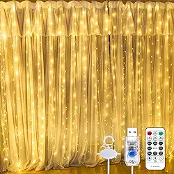 Cortina de LED 3x3m 300 LEDs Branca Quente | Pisca Pisca Cascata USB com Controle Remoto, 8 Modos, Temporizador, à Prova d’Água IP68 | Decoração de Natal, Festa, Casamento e Casa (Branco Quente)