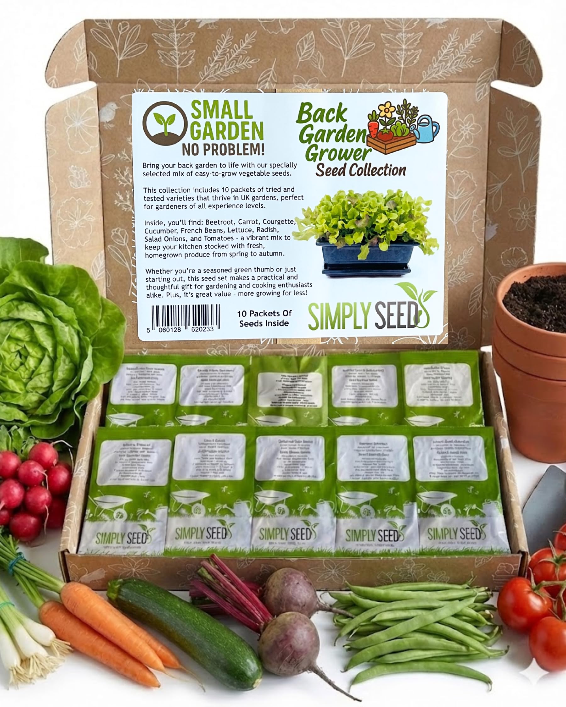 Simply Seed Back Garden Grower Collection – 10 Easy-Grow Vegetable Varieties for Productive Home Gardens. Includes Beans, Beetroot, Tomatoes, Carrot, Radish, Lettuce, Cucumber & More