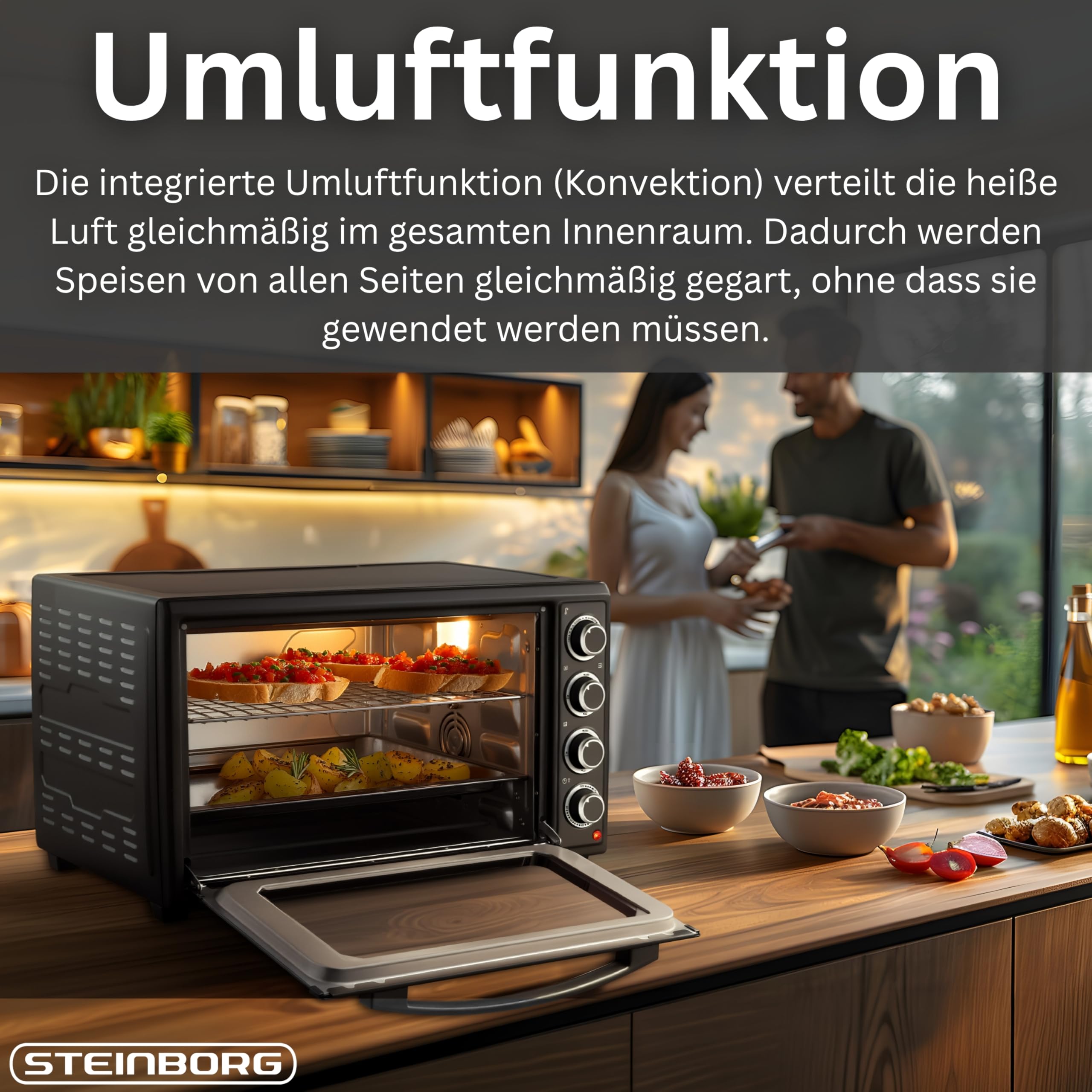 Steinborg® Mini Backofen 60 Liter mit Umluft & Drehspieß, 2000W Tischbackofen groß XXL, 100–230°C, 60 Min Timer, Ober-/Unterhitze & Konvektion, Pizzaofen 3-in-1 inkl. Zubehör