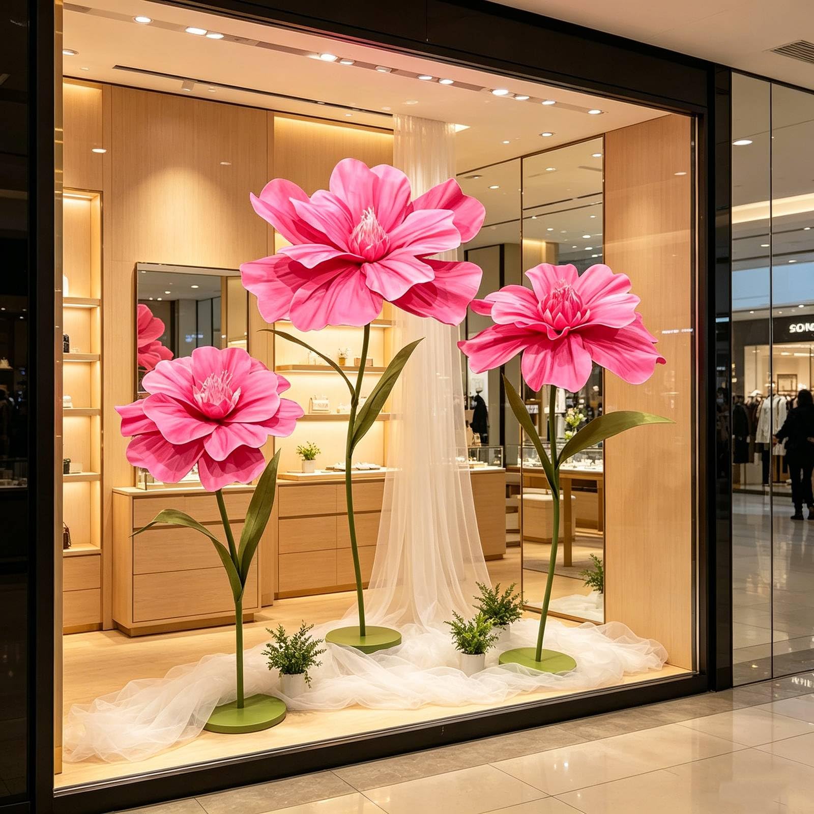 3 Stück Große Künstliche Blumen Weatherproof Riesige Künstliche Blumen Mit Ständer Für Hochzeit, Geburtstag, Party, Garten, Büro, Zuhause, Schaufenster Pink Red,One Size