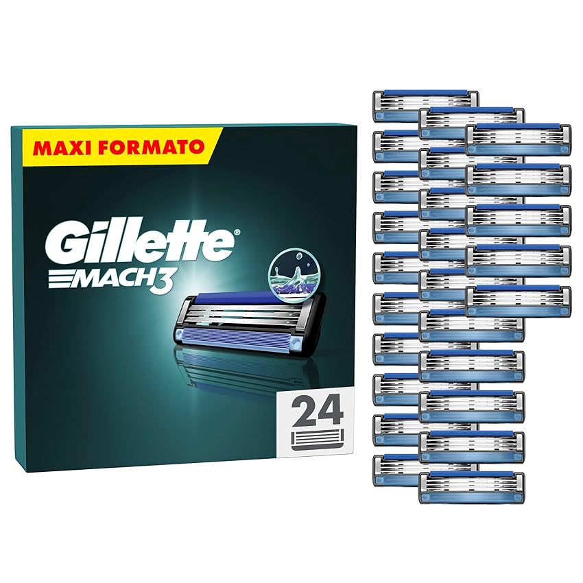 Gillette Mach3 Base 24 Lamette Di Ricambio Per Rasoio Barba Mach 3, Con Striscia Lubrificante Per Una Scorrevolezza Fluida , Lamette Gillette
