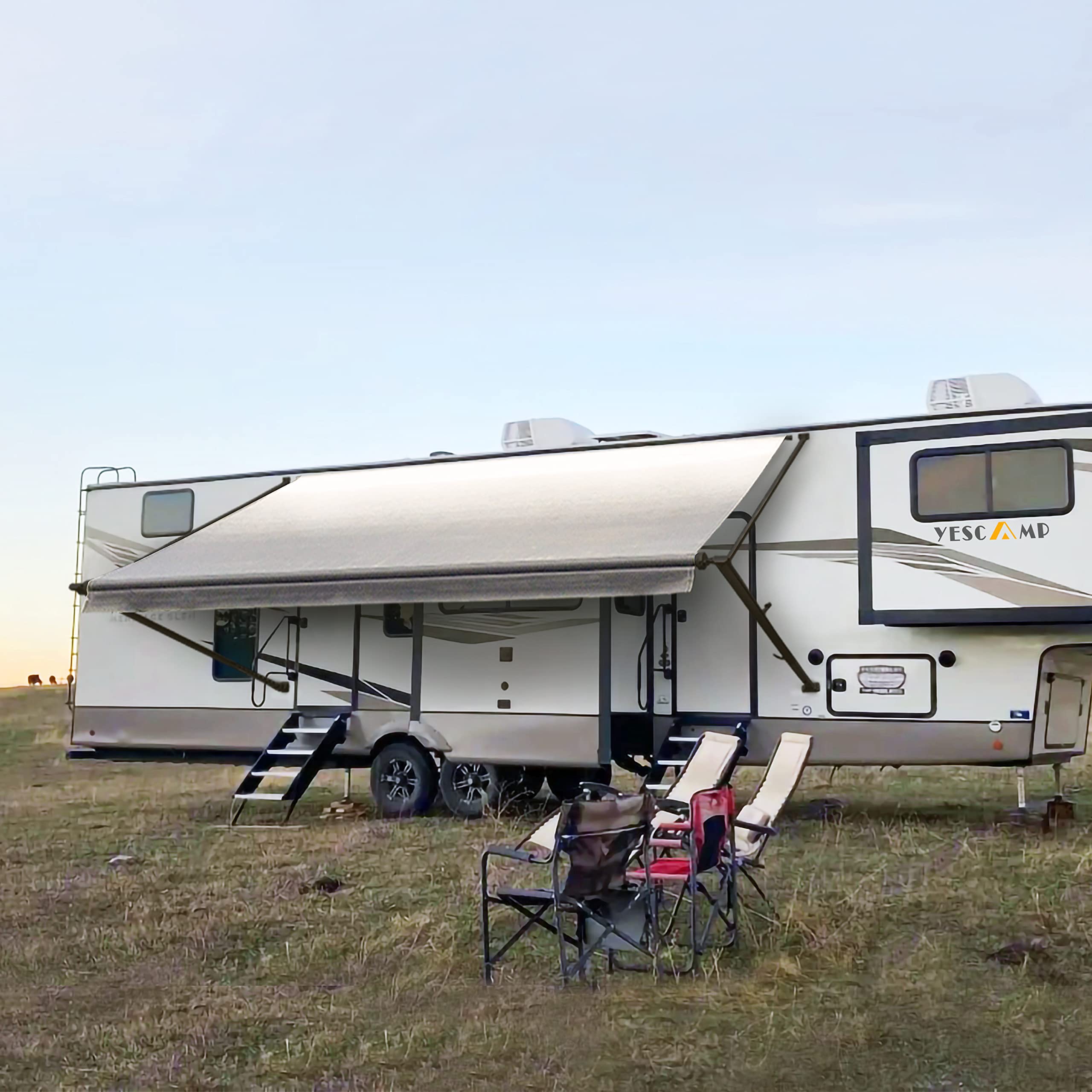 YESCAMP Black Manual Retractable RV Awning Complete Electric Arms Kit, Fabric and Full Accessory, Ideal for 5th Wheel,Travel Trailers,Toy Haulers-Black Frame-Grey Fade-19' (18'2" Fabric)