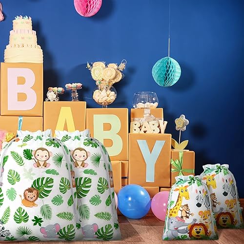 Miniatura 3 de Chapou 4 bolsas de regalo de tela con cordón grande para baby shower, diseño de safari en la selva, para baby shower, cumpleaños de niños, fiesta de