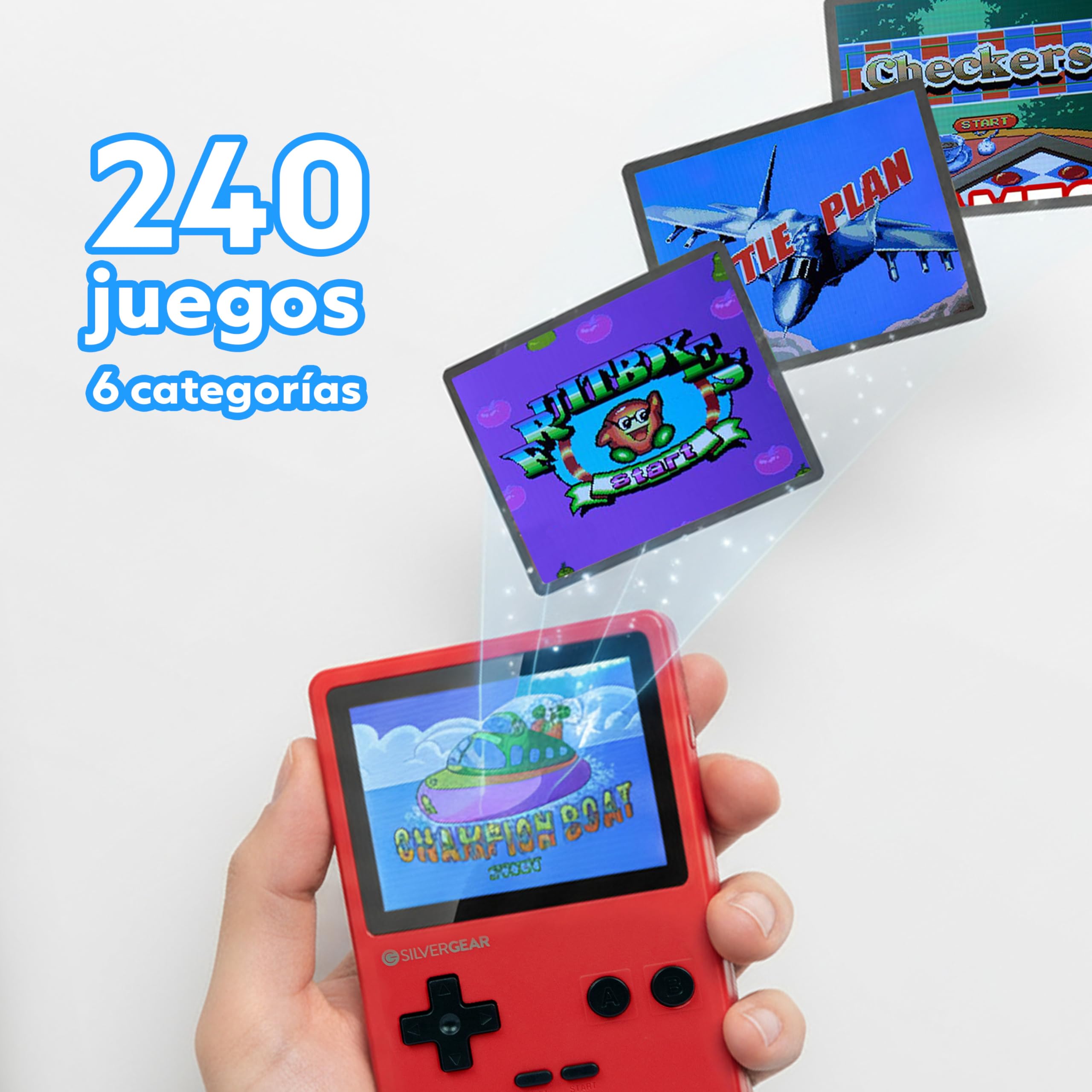 Silvergear® Consola Retro Portátil | Videoconsola Retro Arcade con 240 Juegos Clásicos en 6 Categorias | Mini Consola con Juegos Retro para Niños y Adultos | 12,5x8x2,3 cm | Rojo