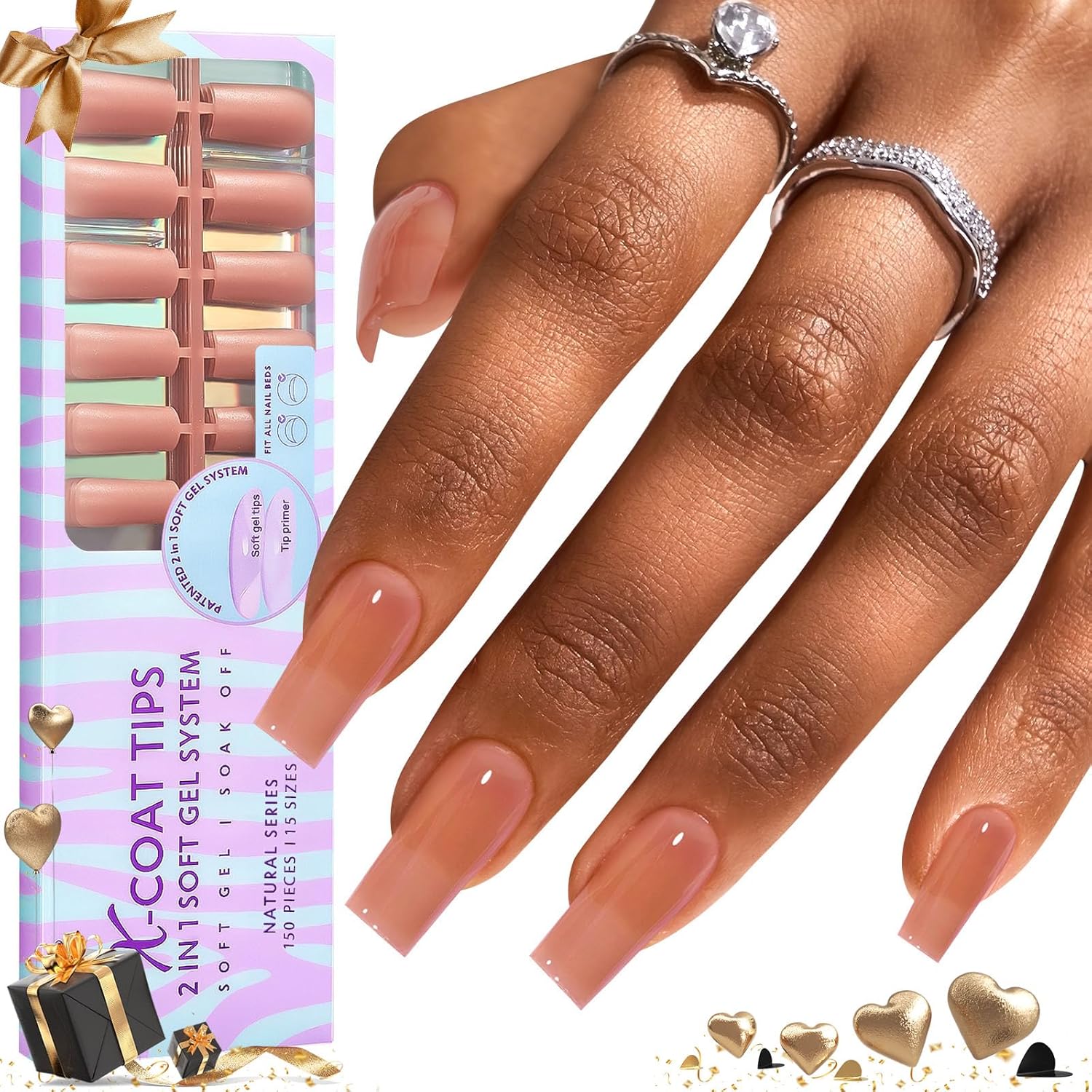 BTArtbox Soft Gel Nail Tips Square – Press On Nails Long Natural XCOATTIPS Pre-applied Tip Primer, One-Step Square Gel Nail Tips Fake Nails for DIY Nail Art