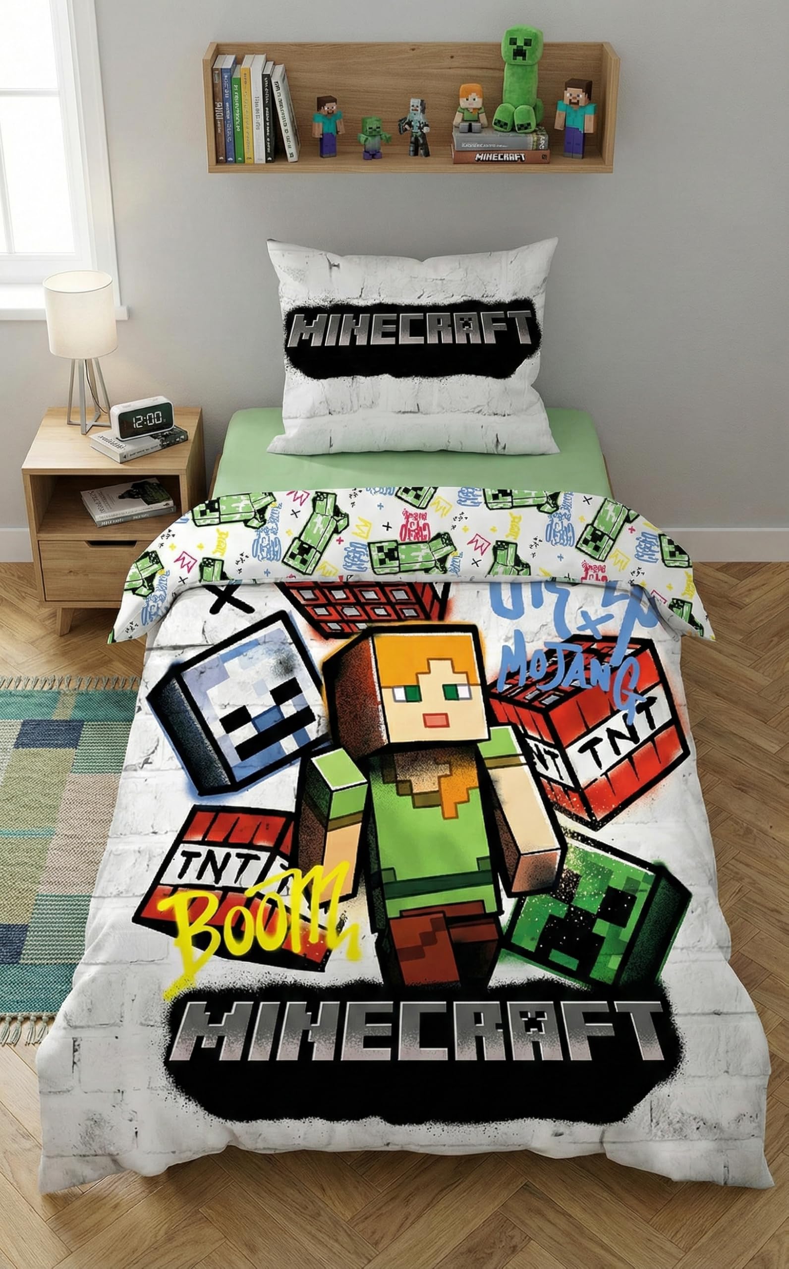 Minecraft Graffiti Pościel 140x200 + Poszewka 70x90 Alex TNT Creeper Gra | Odwracalna pościel jednoosobowa | Miękka mikrofibra Oeko-Tex szybkoschnąca | Oficjalna licencja | 6-14 lat