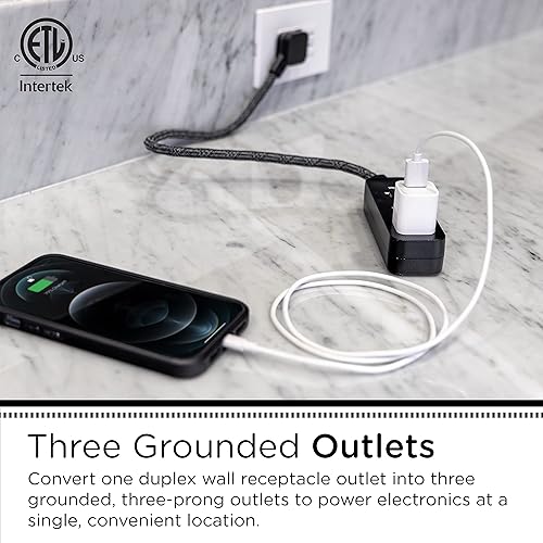 Miniatura 4 de Cordinate Designer 47298 - Mini tira de alimentación de 3 tomas, cable de extensión trenzado de 18 pulgadas, adaptador a tierra, enchufe plano de