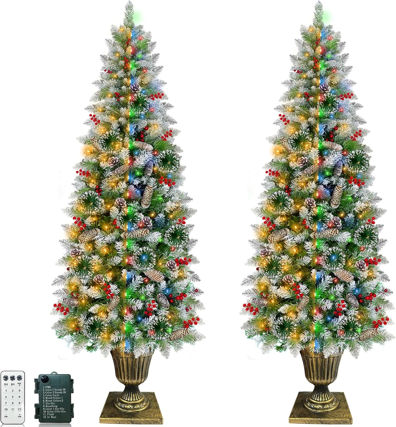 2 Pack 4FT Snowy Artificial Potted Christmas Entrance Tree -3 Mode Timer 80 Warm White&Multi Color Change Light 12 Mode Remote 15 Pinecone 105 Red Berries Battery Powered Fraser-Look Fir Outdoor Porch