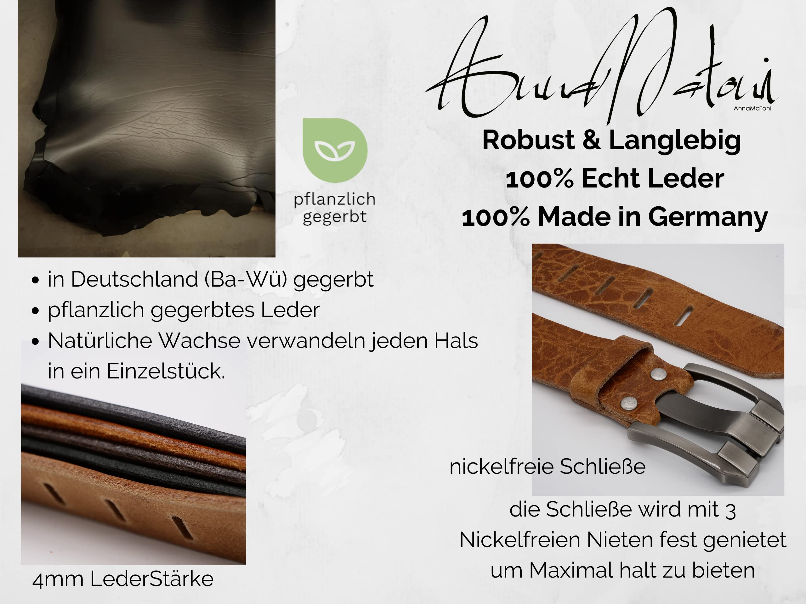 AnnaMatoni Herren Gürtel Leder 4cm breit Ledergürtel Pflanzlich gegerbtes Leder 3,5mm Stark echt Leder Made in Germany Gürtel Herren Leder