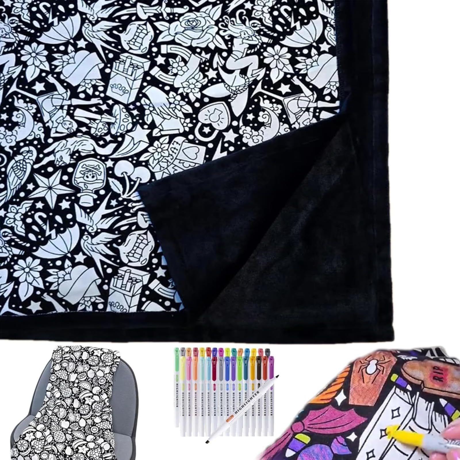 INPUS DIY Coloring Blanket, Coloring Blankets for Adults, Color Your Own Blankets, Creative Personalized Drawing Art Project, Soft Cozy Fleece Drawing Throw Bedroom Decor including colored pencils