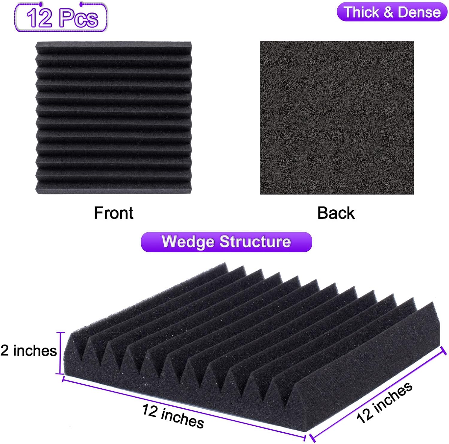TroyStudio Thick Acoustic Foam Panels, 12 X 12 X 2 Inches 12 Pcs Wedge Sound Absorbing Foam, Dense Soundproof Padding Tile, Recording Studio Foam Absorber, Decorative 3D Wall Ceiling Panel