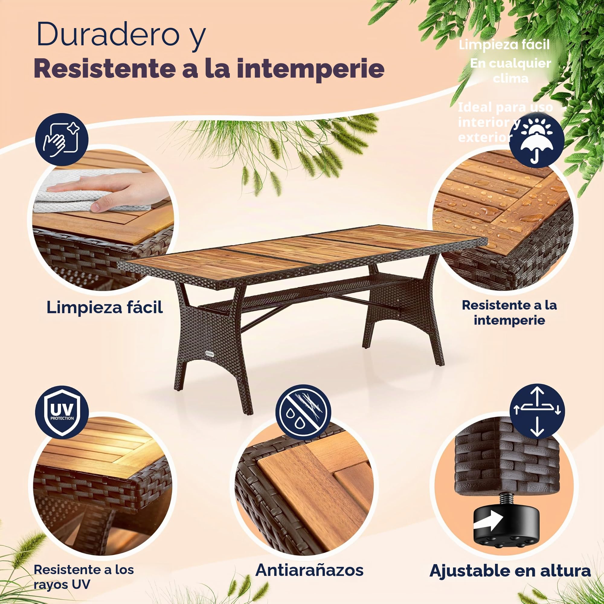 CASARIA® Mesa de Jardín Comedor 190x90cm Madera de Acacia Certificado FSC® Mueble Terraza Patio Marrón