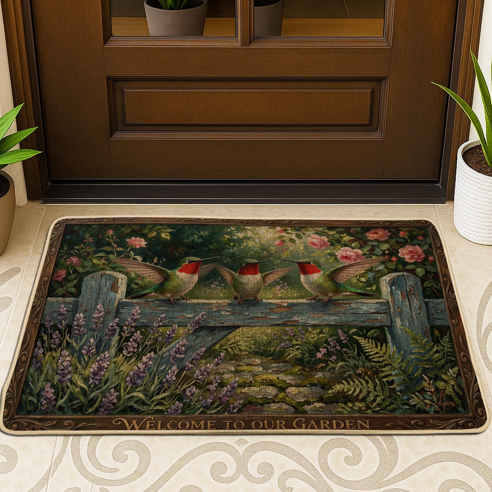 Tapis de décoration printemps colibris vert pour entrée