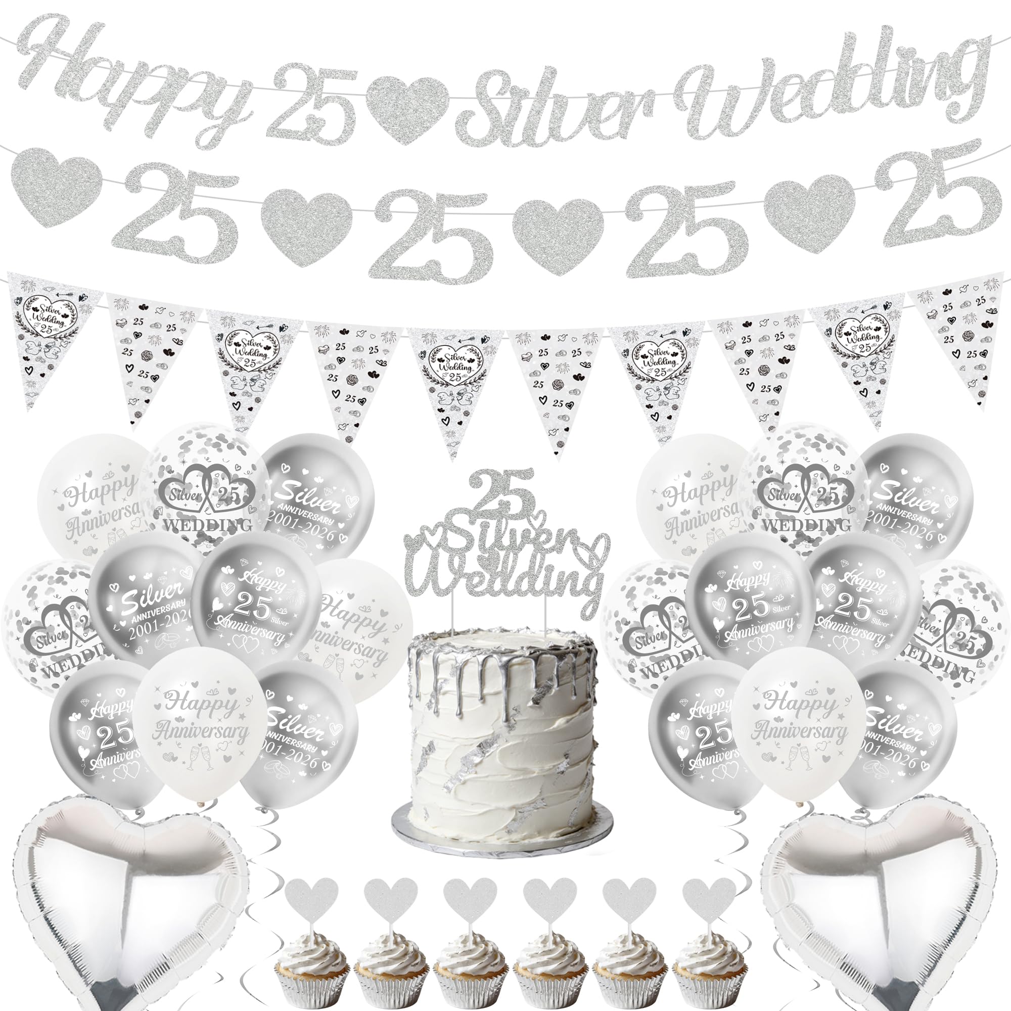 25th Silver Wedding Anniversary Decorations - Happy 25th Silver Wedding Banner and Bunting, Glitter 25 Hearts Garland 25th Anniversary Balloons Cake Topper for 25 Years Decor