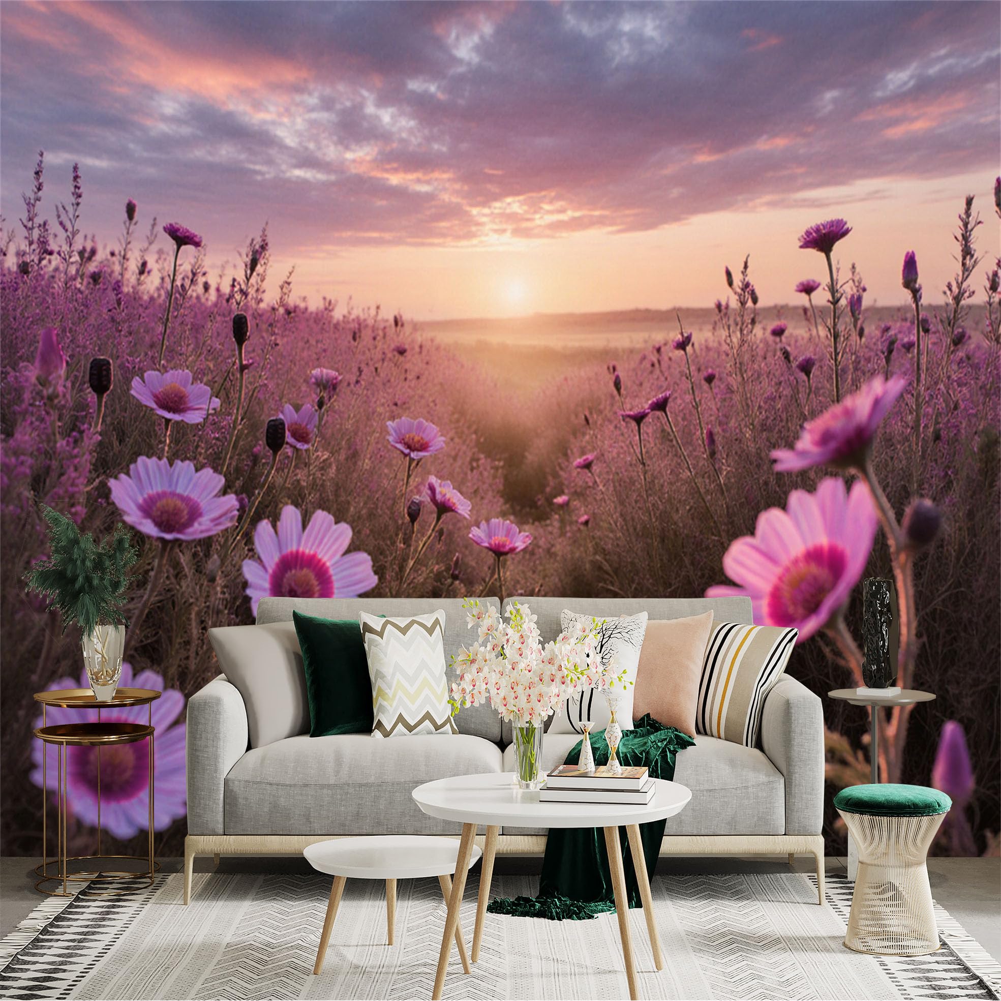 Lnzczhyre Xc260505593 Custom Size Wall Sticker Mural， Purple Daisy Flower Field， Sunset Horizon， Warm Romantic Nature Landscape， For Wall Decoration， Peelandstick Wall Decals.
