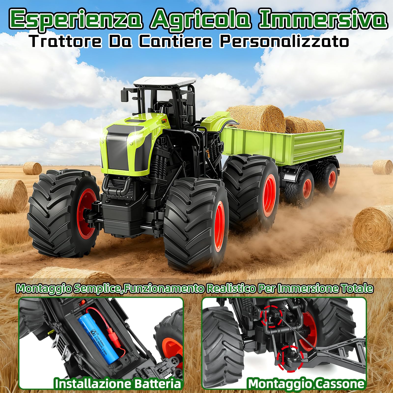 Ulikey RC Trattore Telecomandato per Bambini, 1:16 2,4 GHz Trattore Radiocomandato con Rimorchio, Mucca, Pecora e Pagliaio, Agricolo RC Auto con Musica Luci LED per Bambini di 4 5 6 7 8 anni