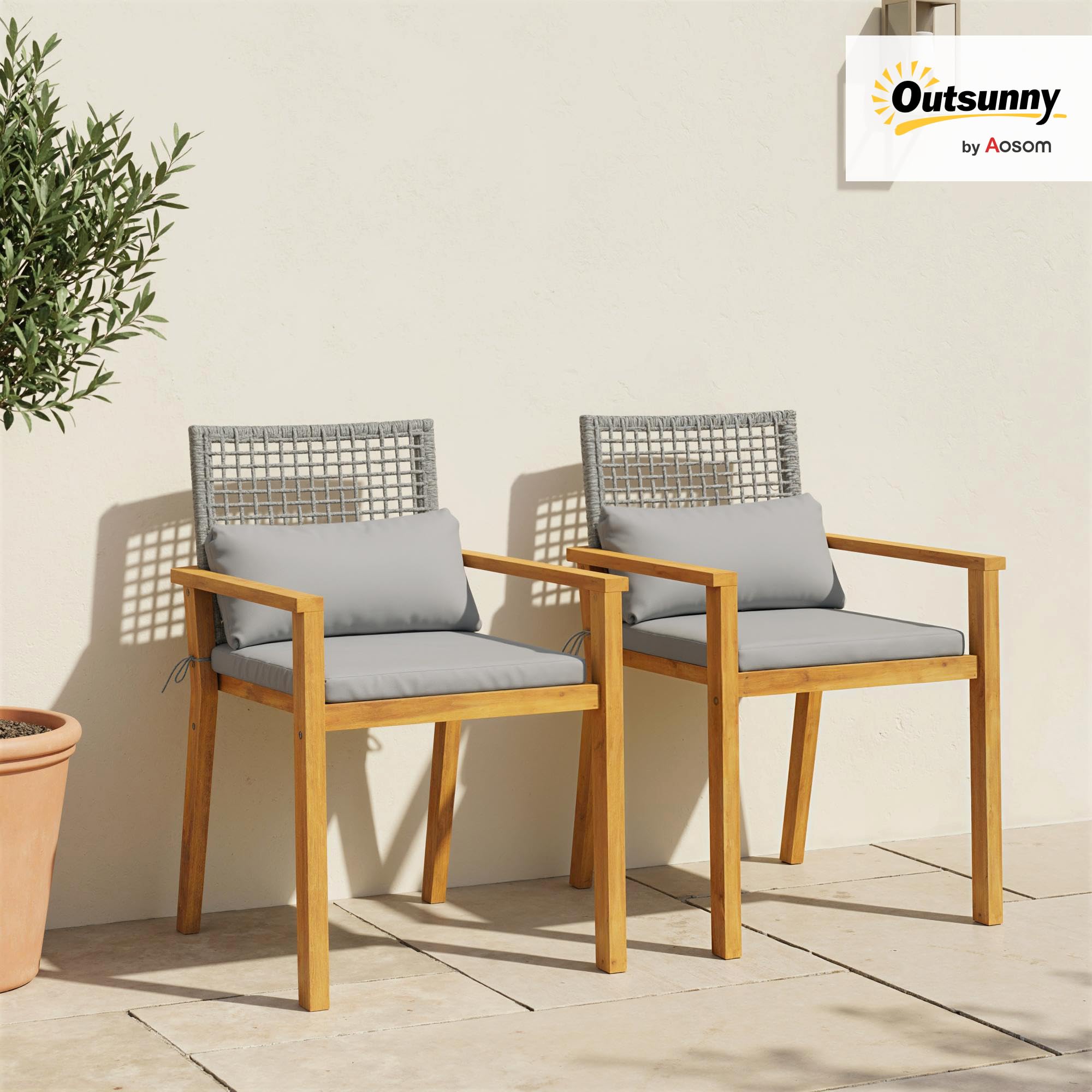 Outsunny Set 2 Sedie da Giardino Impilabili FSC 59x55x86 cm Color Legno | Legno di Acacia, Rattan con Braccioli, Cuscini Seduta e Decorativi, per Giardino Balcone Terrazza
