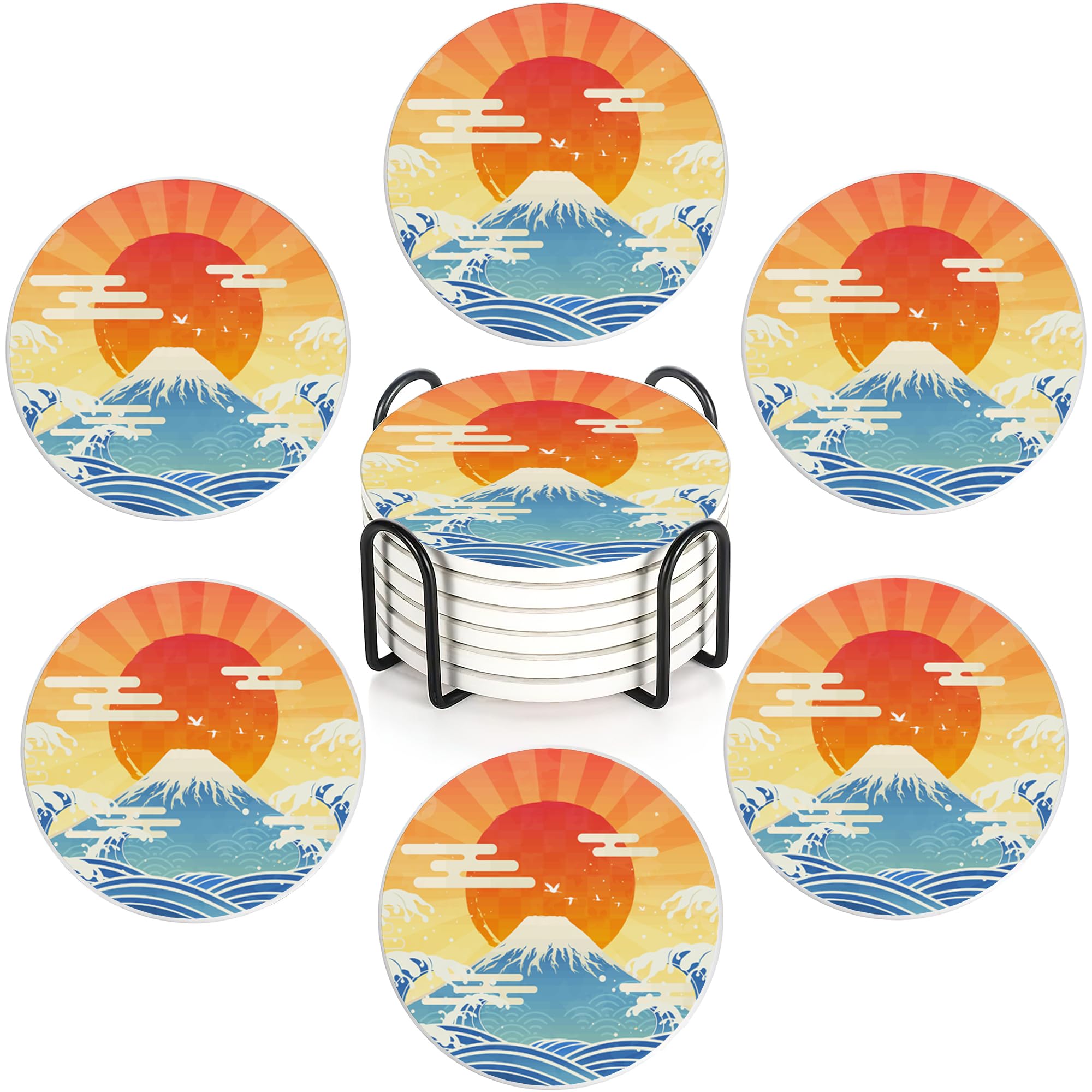 Japanese Style Sun Set of 6 Absorbent Ceramic Coasters with Cork Base & Holder,10cm Round Drink Mats for Mugs, Wine Glasses - Spill Protection for Wood/Glass Tables