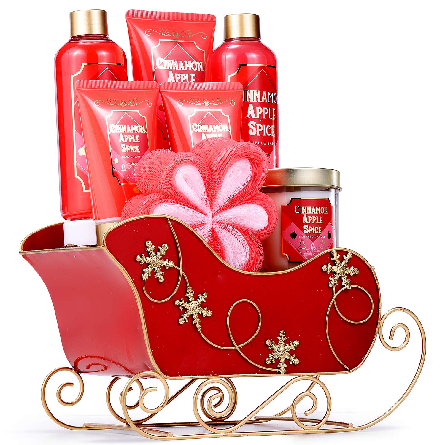 Christmas Gifts for Women, 8 Piece Bath Set Cinnamon Apple Spice with Hand Cream,Bath Puff,Foot Lotion,Scented Candle,Shower Gel,Body Lotion,Bubble Bath, Gift Basket for Xmas