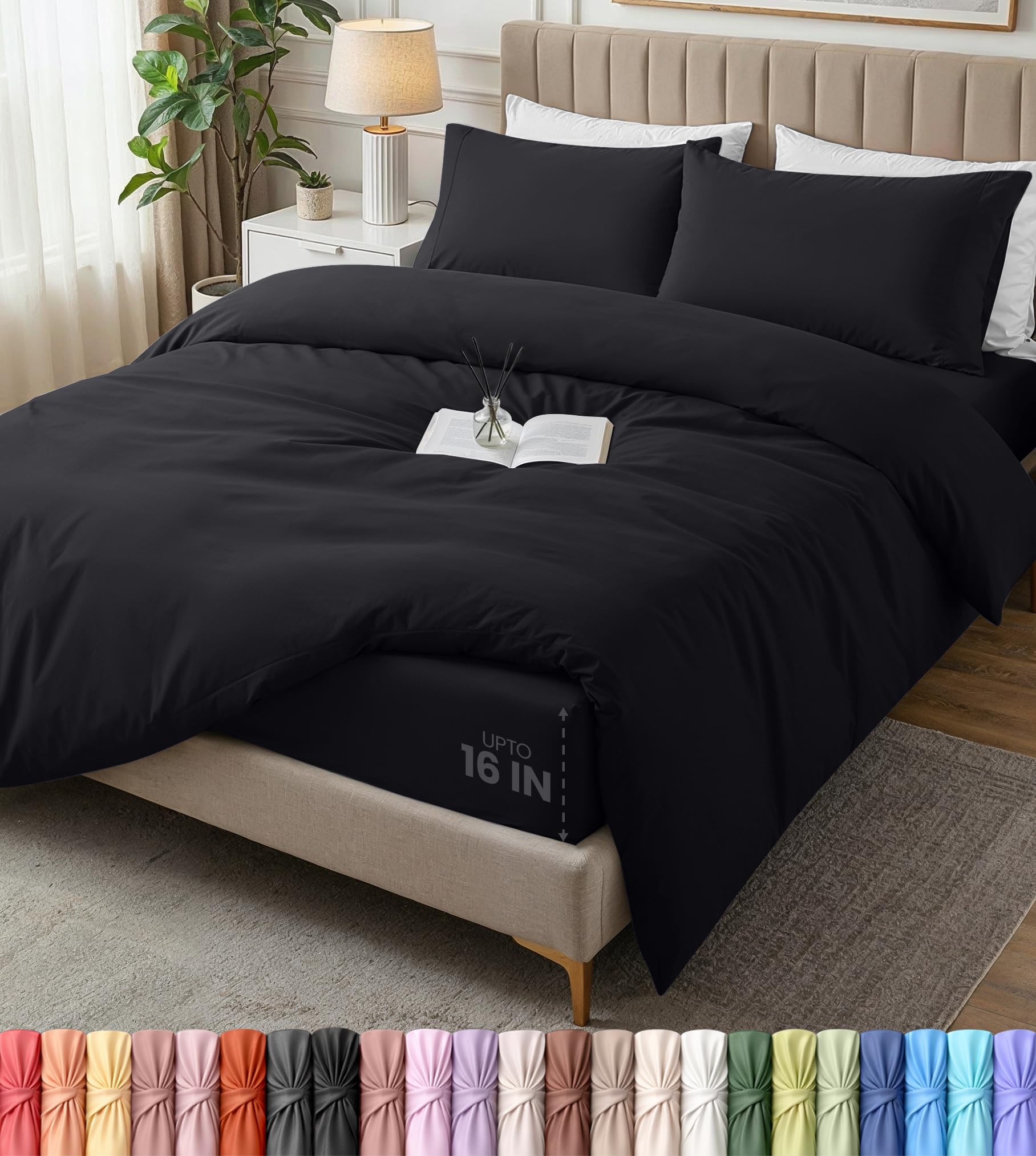 bedding duvet cover full with fitted sheet (54x75) - 2 pillow case (20x30) - all season luxury bed in a bag with zippered duvet cover - no comforter (black)