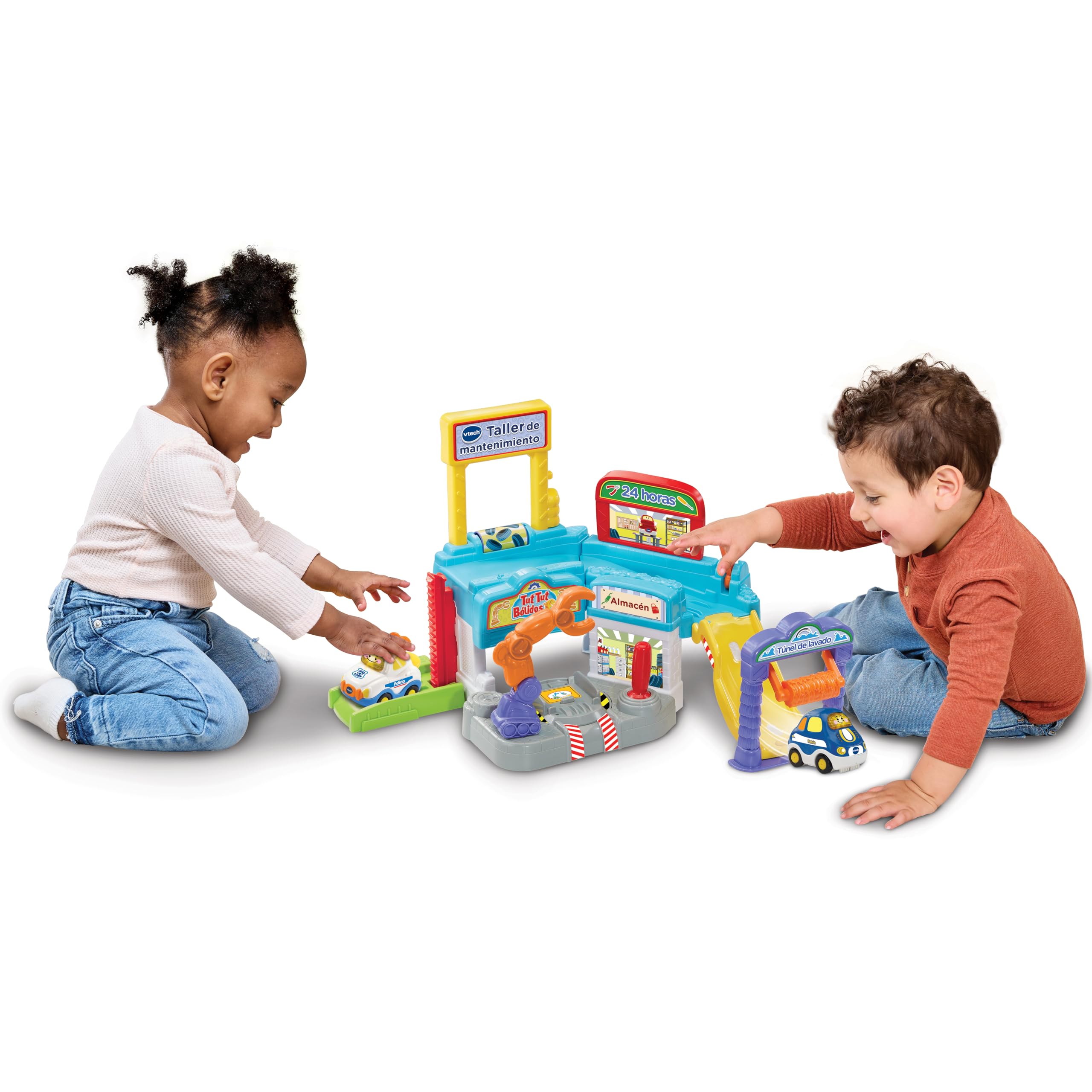 VTech - Taller de Mantenimiento TutTut Bólidos, Circuito y Playset Interactivo de Juguete, Incluye un Coche, Ascensor, Rampas, Túnel de Lavado, Regalo niños +1 año, Versión ESP