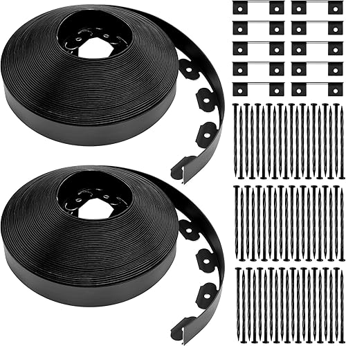 Kit de bordes de paisaje de 2 x 200 pies, bobina de borde sin excavación, incluye 60 picos de anclaje, 10 conectores, borde de plástico para bordes