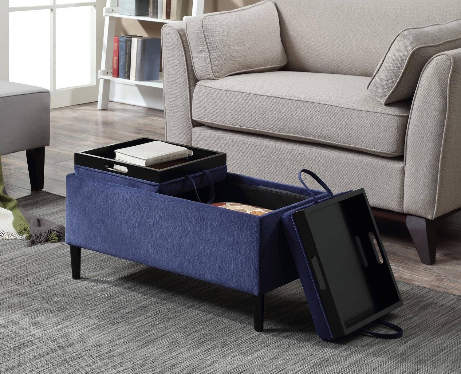 Blue Fabric Storage Ottoman with Reversible Trays
