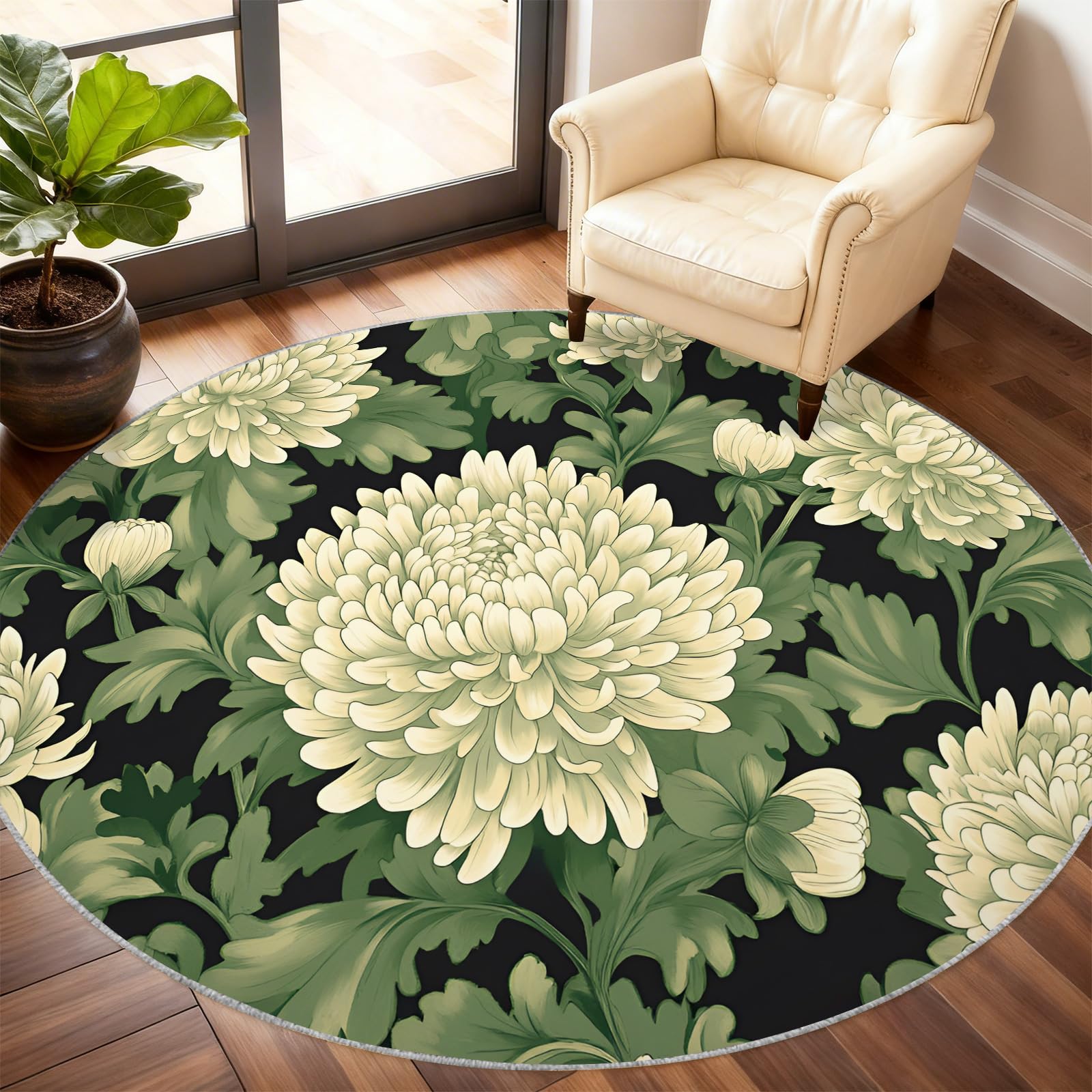 Tapis rond motif chrysanthème sauge, 2 m, crème