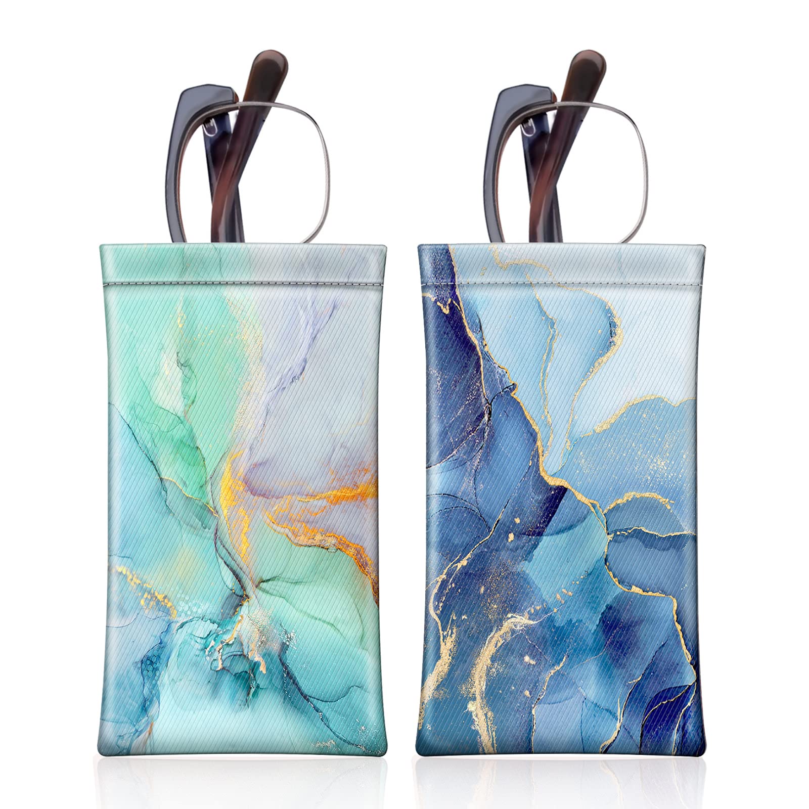 Fintie Unisex *Emerald Marble + Ocean Marble 2 Pieces Soft Glasses Cases For Women Men - Portable Squeeze Top Spectacle Sunglasses Pouch