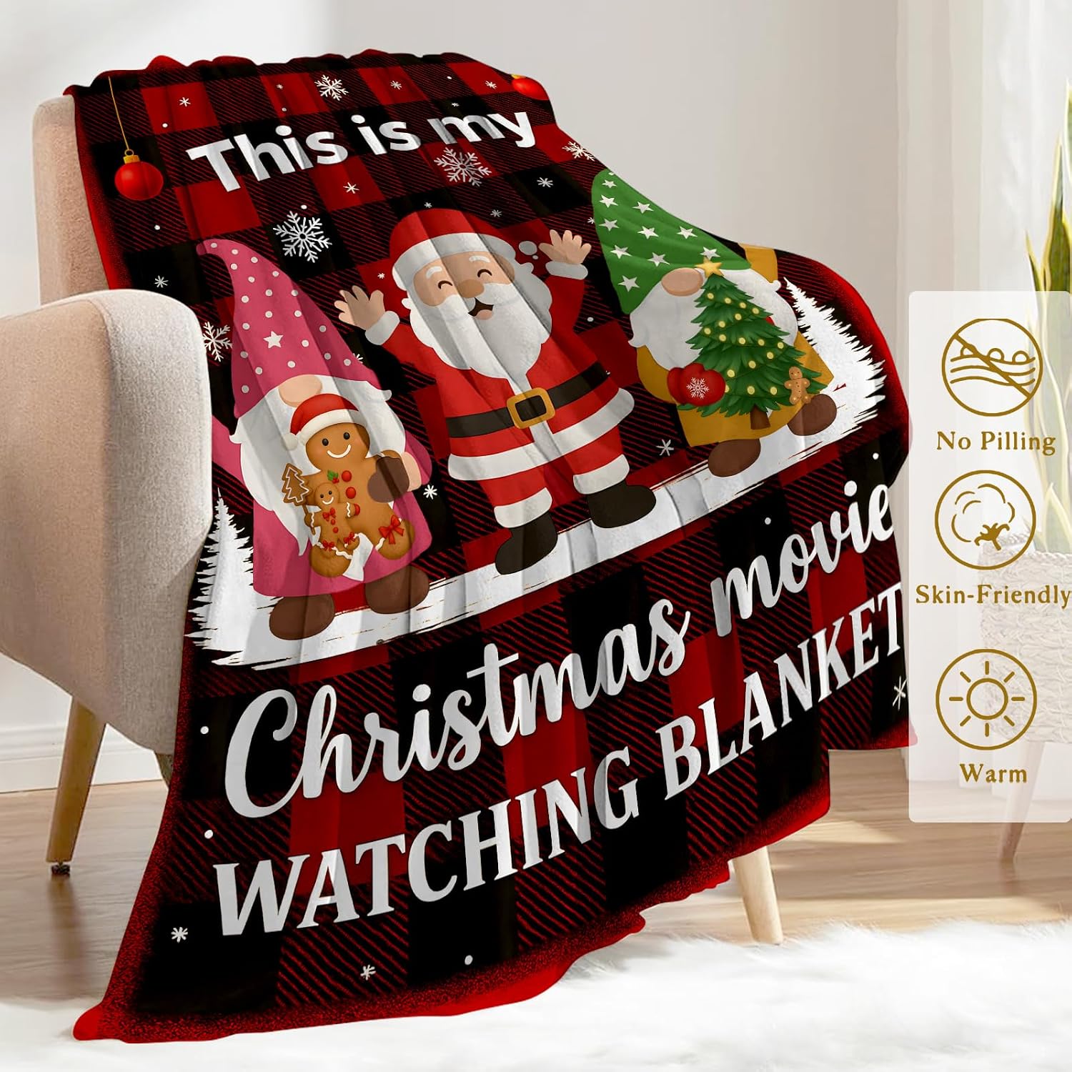 Christmas Movie Watching Decorative Throw Blanket, Gnome Red Black Plaid Print Decoration, Soft Flannel Winter Blankets for Couch Bed Sofa, Holiday Home Decor, Xmas Festival Gifts 50x60 Inch