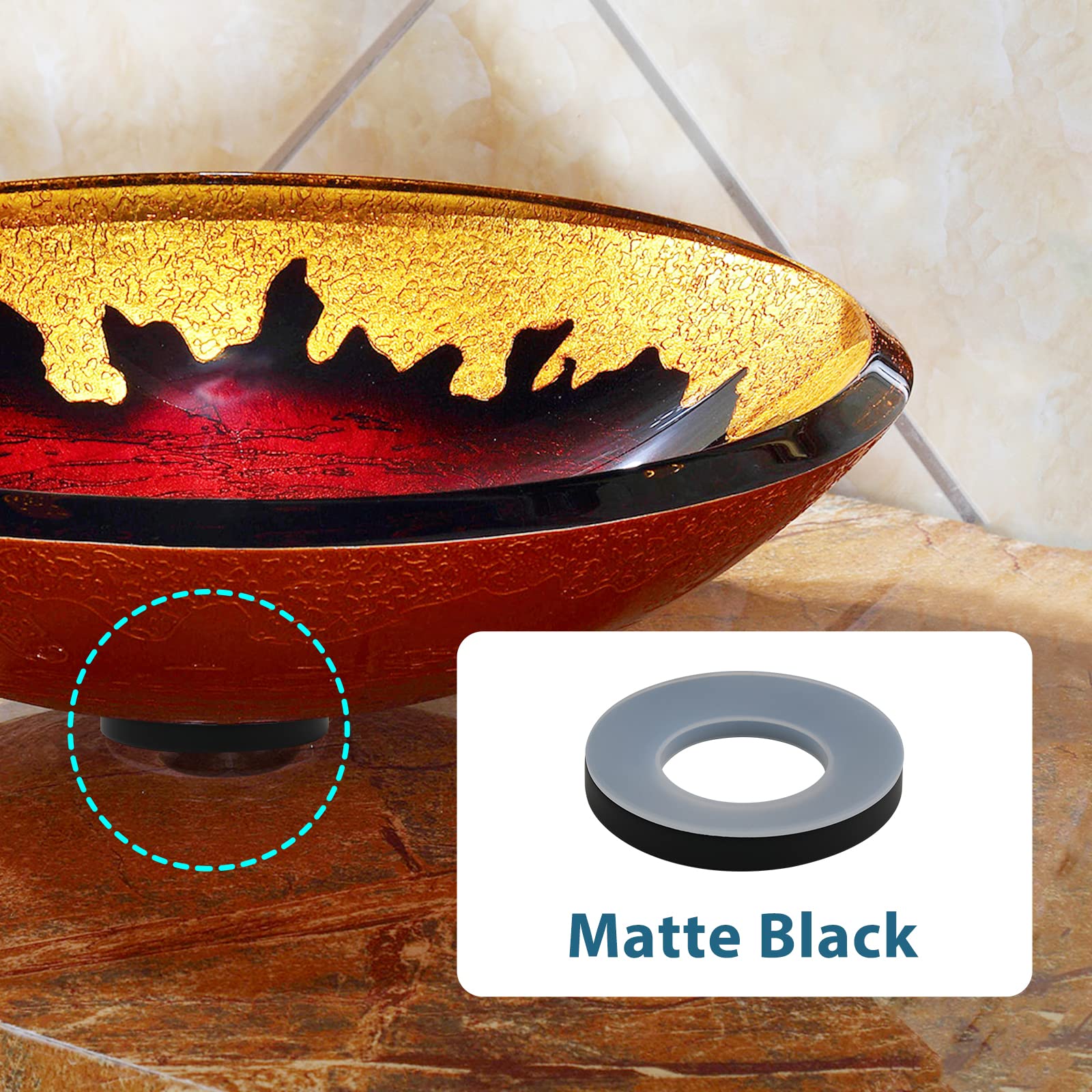 Midanya Anillo de montaje para base de fregadero de baño, negro mate | Metal, con junta, para fregadero de vidrio