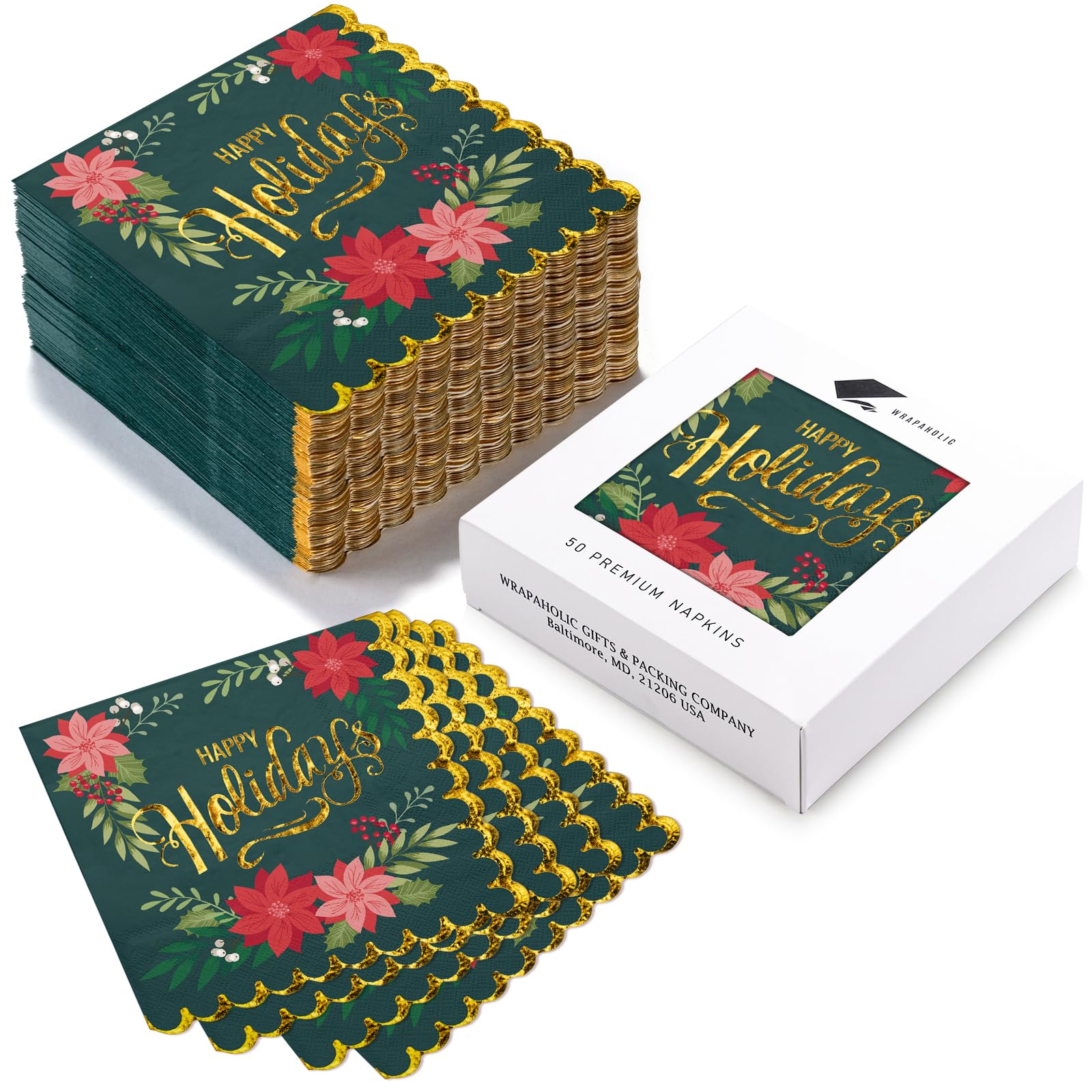 WRAPAHOLIC 50Pcs Christmas Paper Napkins - Happy Holidays 3-Ply Disposable Cocktail Napkin for Christmas Party Supplies Tableware, Xmas Holiday Party Decorative Towels - 5 x 5 In