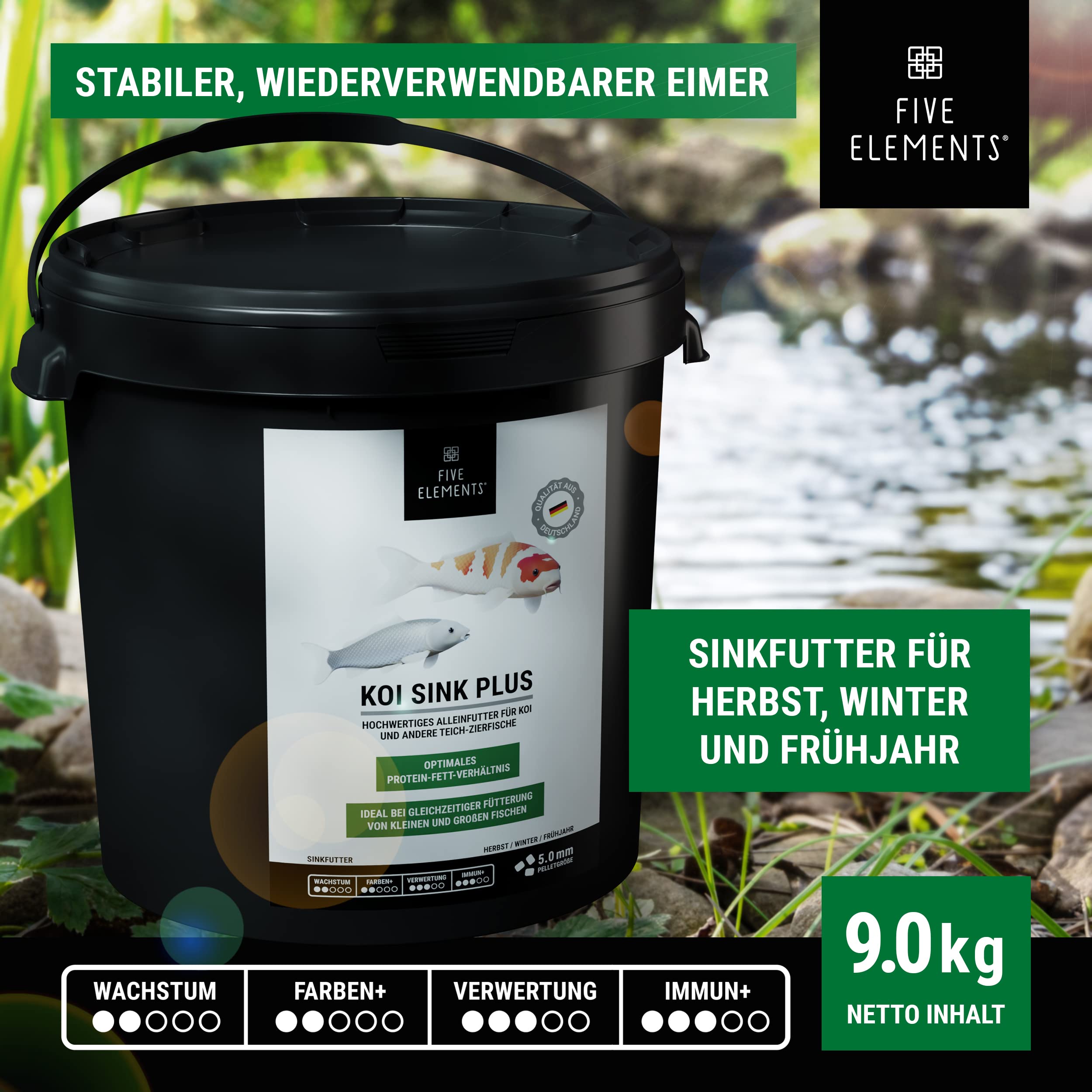 FIVE ELEMENTS® Koi Sink Plus | 9,0 kg | optimal als Frühjahr-Futter | sinkendes Koi-Futter | wiederverwendbarer Eimer
