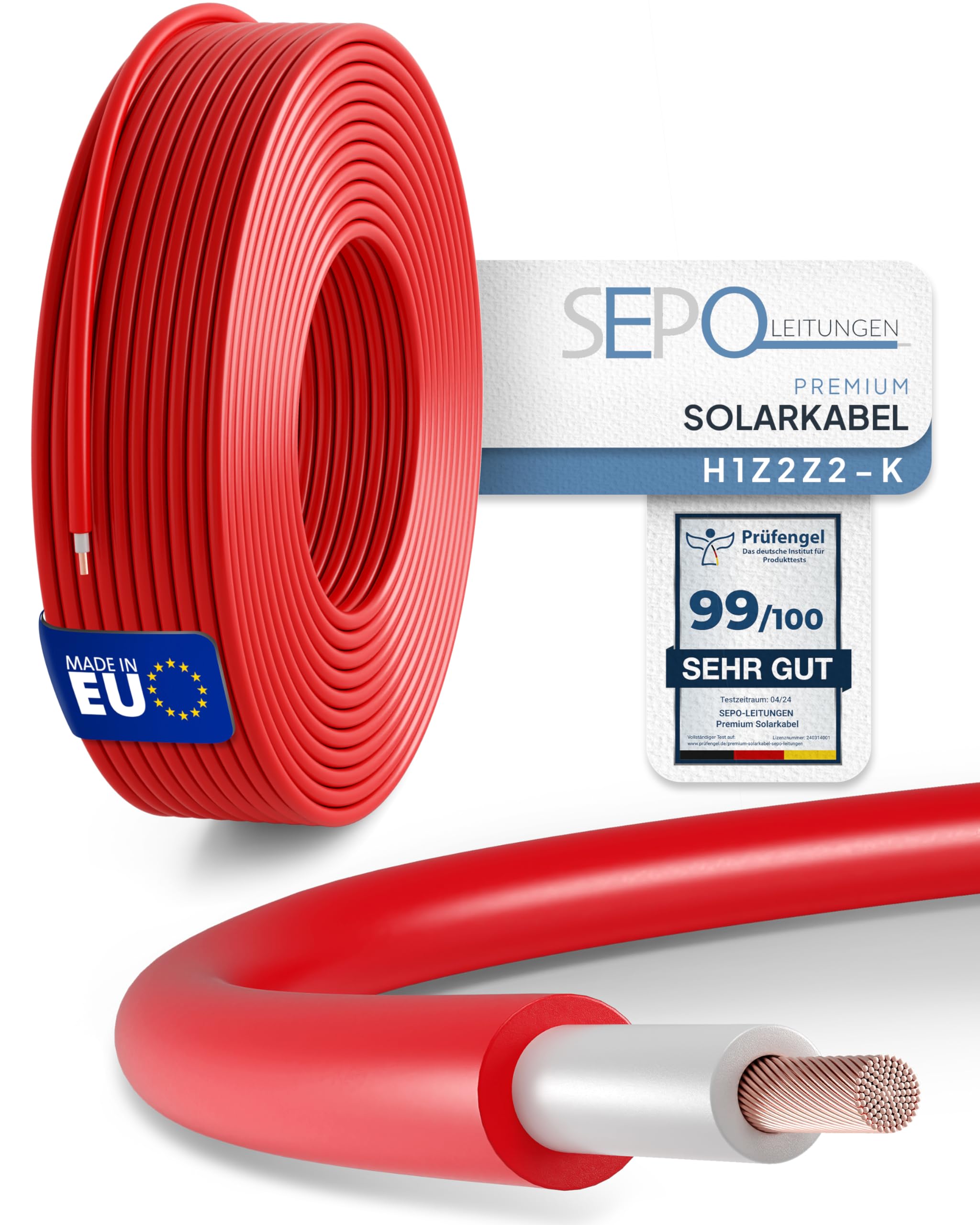 SEPO-Leitungen Solarkabel 6mm² 15m – Solarleitung H1Z2Z2-K - Made in EU - Doppelt isoliert für Photovoltaik-Systeme – inkl. 0% MwSt. gem. § 12 Abs. 3 UStG (Rot - 15 Meter)