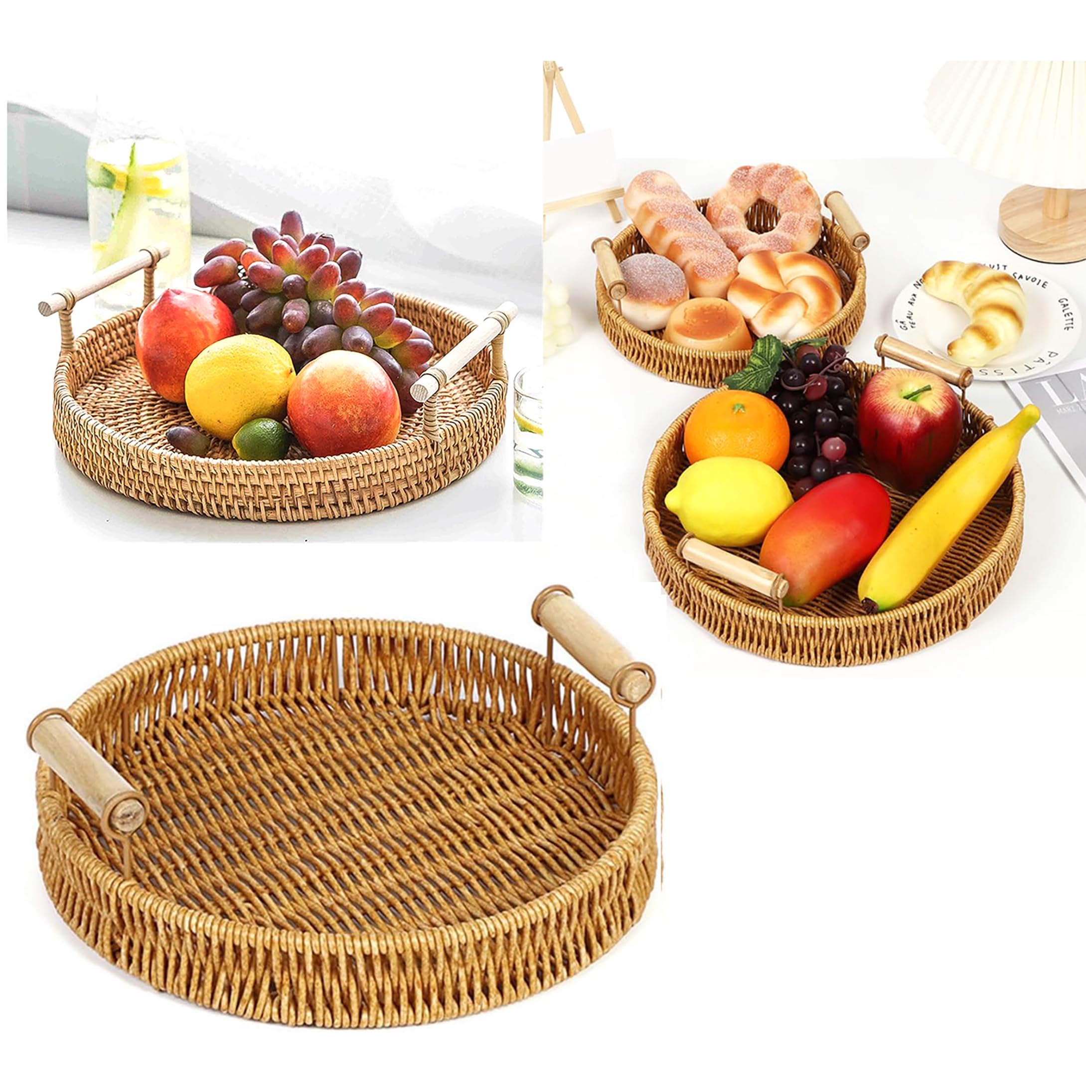 28cm Wicker FRUIT TRAY -Handled FRUIT BASKET, RATTAN FRUIT BOWL, Wicker Bread Basket, Decorative Woven Table Piece (28cm FRUIT Tray)